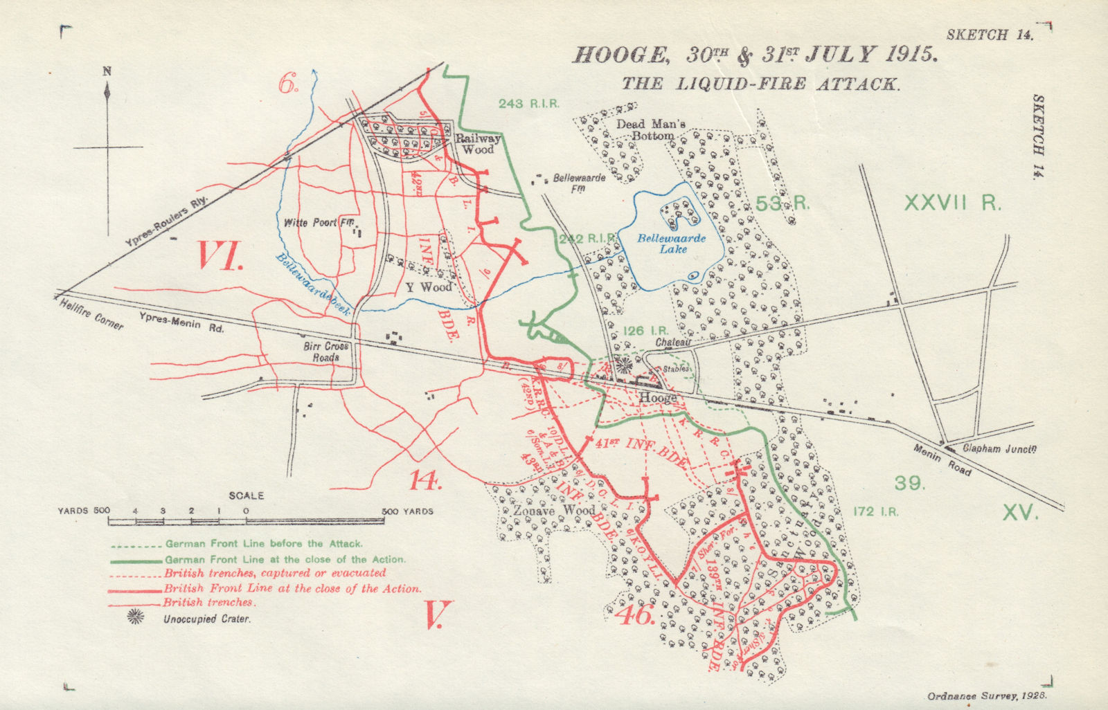 Associate Product Battle of Hooge, 30-31st July 1915. Liquid-Fire Attack. Ypres. Trenches 1928 map