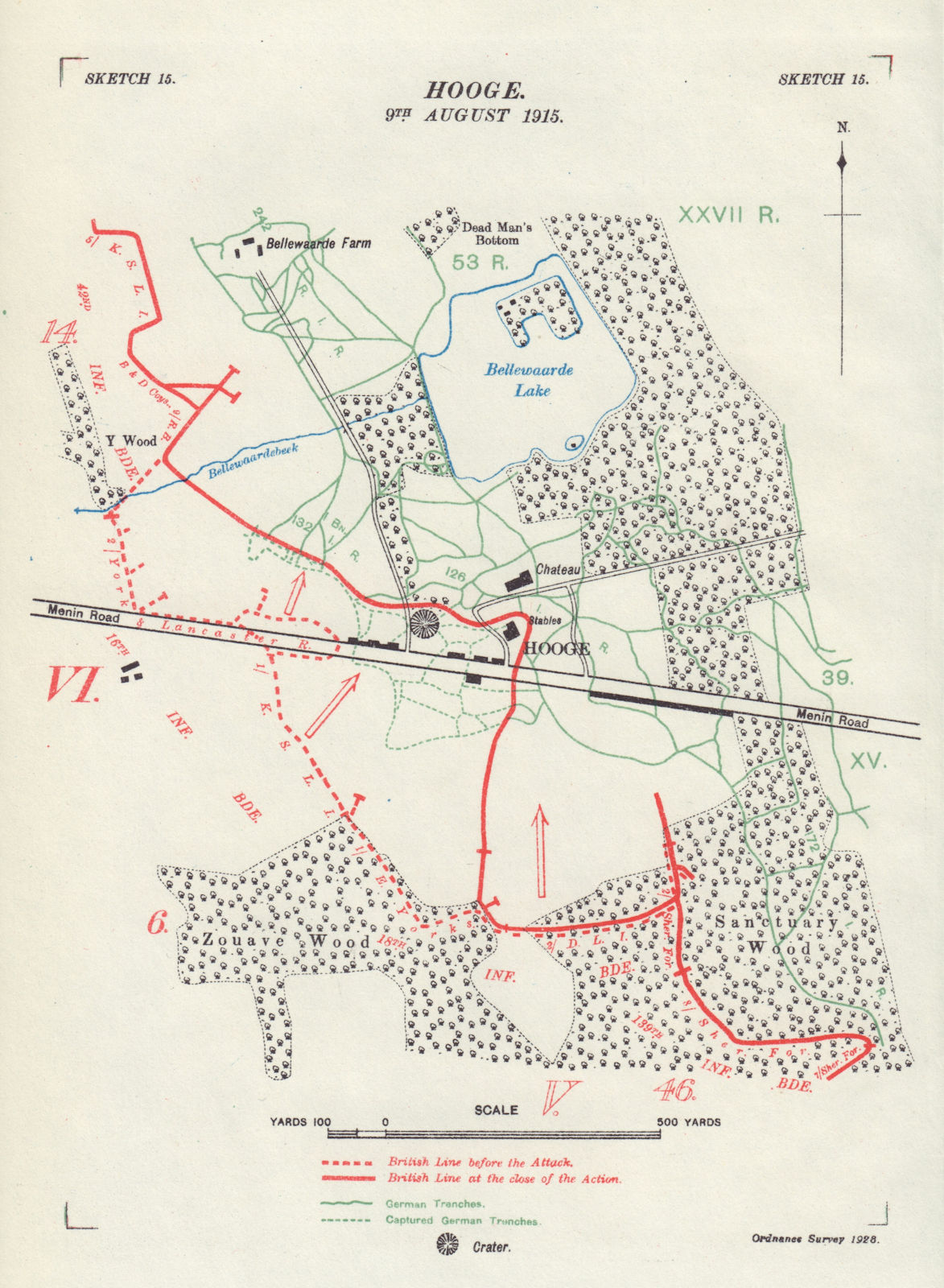 Associate Product Hooge, 9th August 1915. Ypres Salient. First World War. Trenches 1928 old map