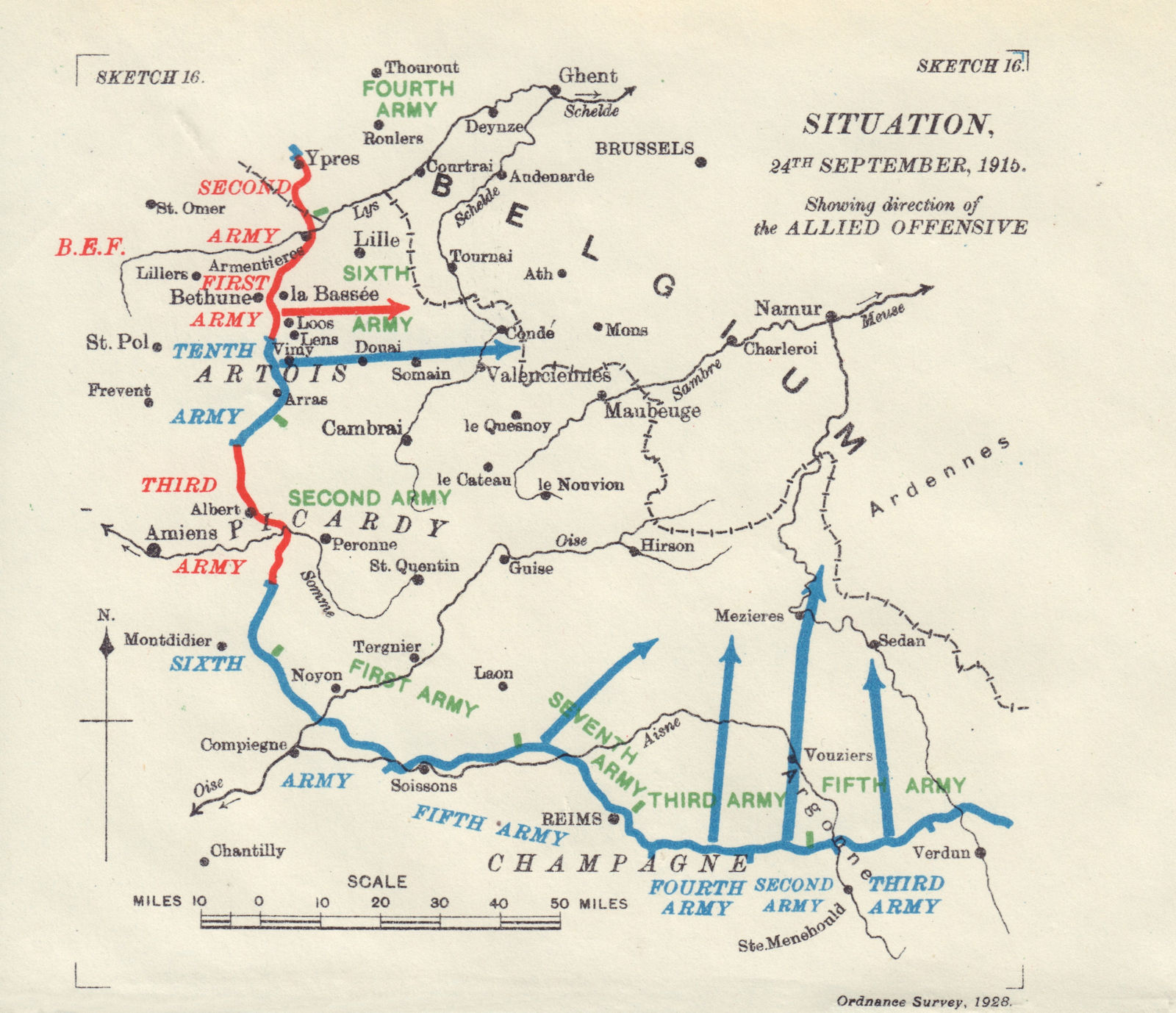 Allied Offensive. 24th September 1915. Western Front. First World War. 1928 map