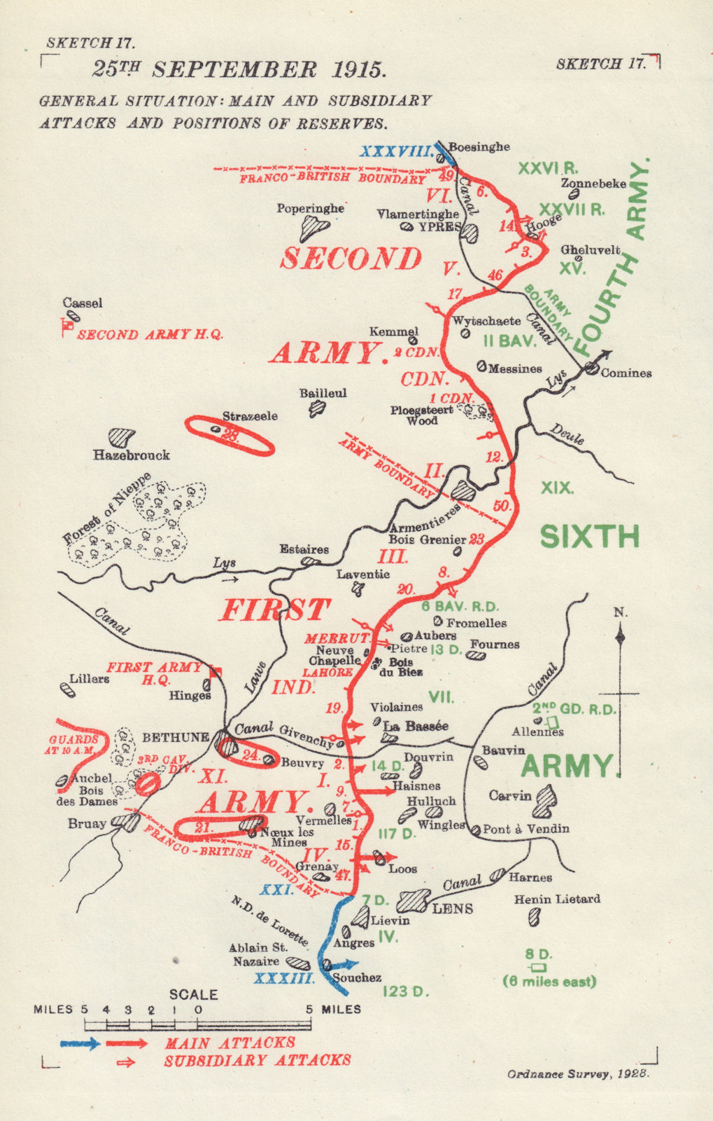 Associate Product Western Front 25th September 1915. Attacks & Reserves. First World War. 1928 map