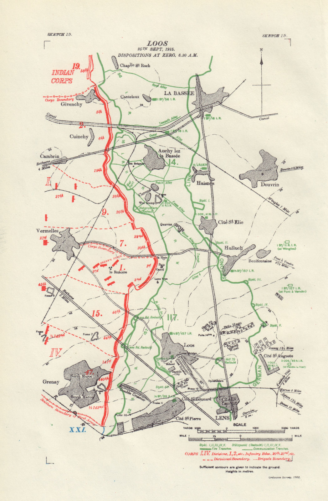 Battle of Loos, 25th Sept 1915 at Zero, 6:30am. WW1. Trenches 1928 old map