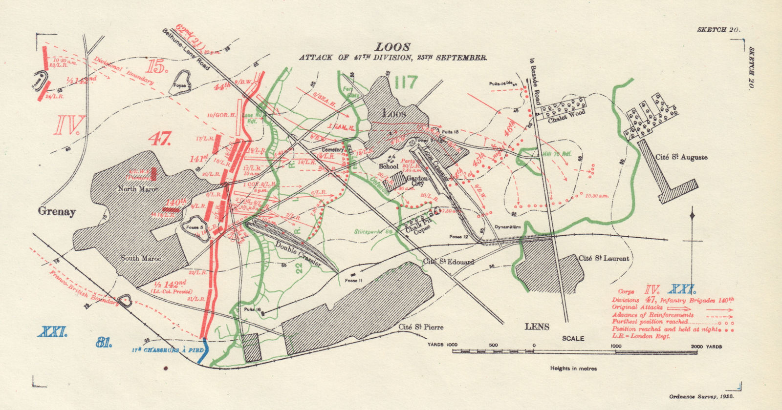 Battle of Loos, 47th Division attack, 25th September 1915. WW1 Trenches 1928 map
