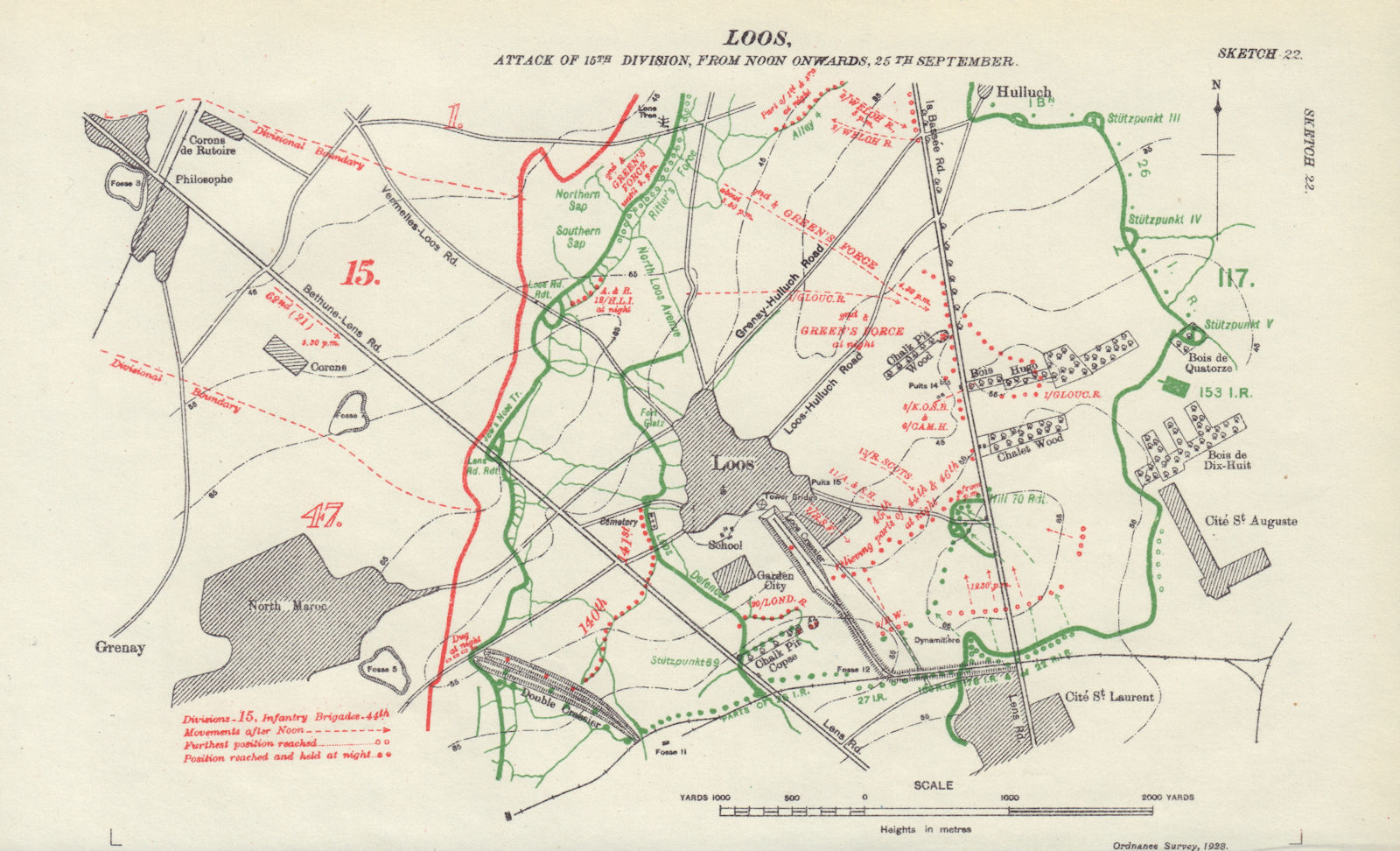 Battle of Loos, 15th Division attack Noon 25th Sept 1915. WW1. Trenches 1928 map