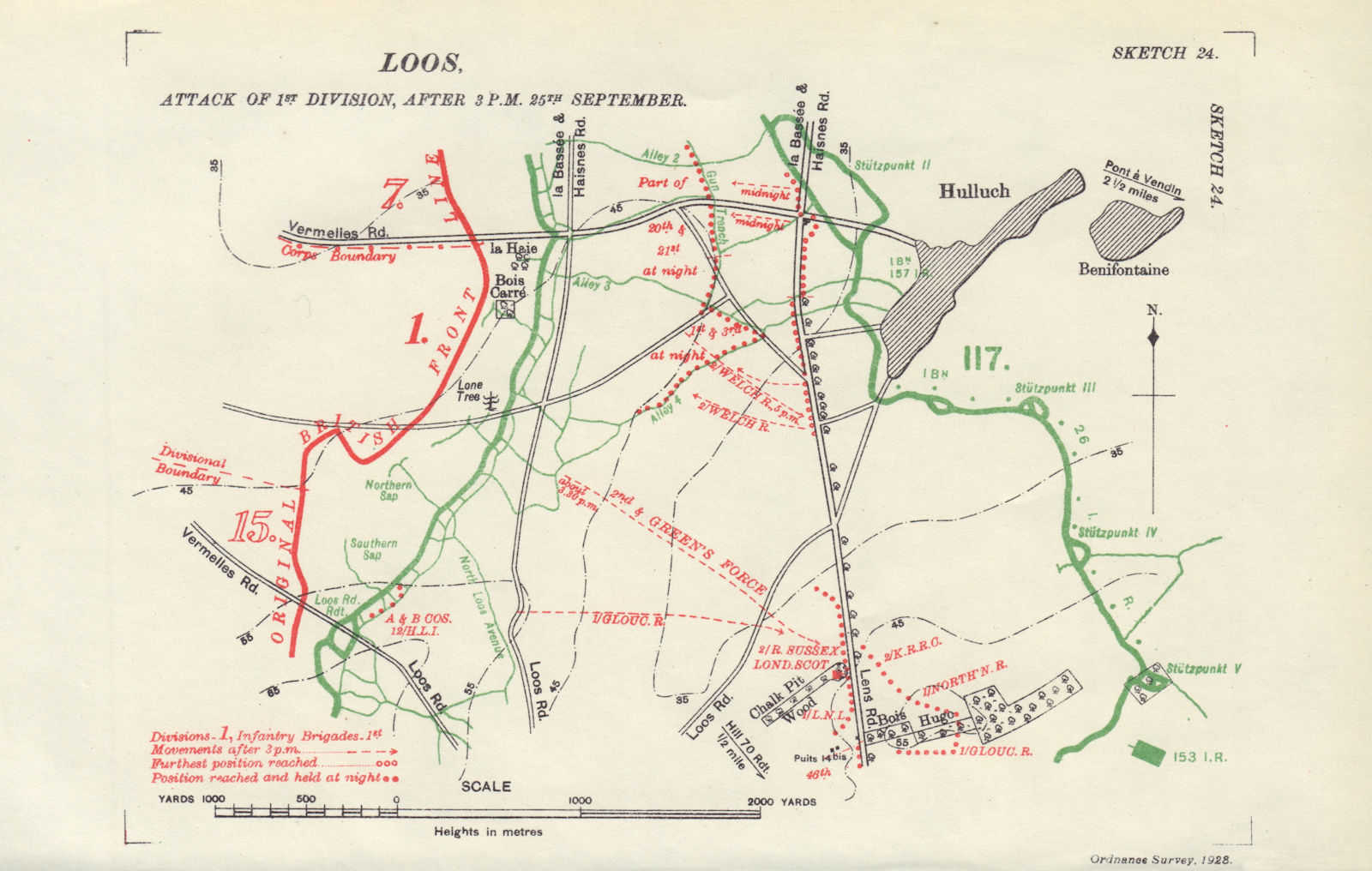 Battle of Loos, 1st Division attack 3pm. 25th Sept. 1915. WW1. Trenches 1928 map