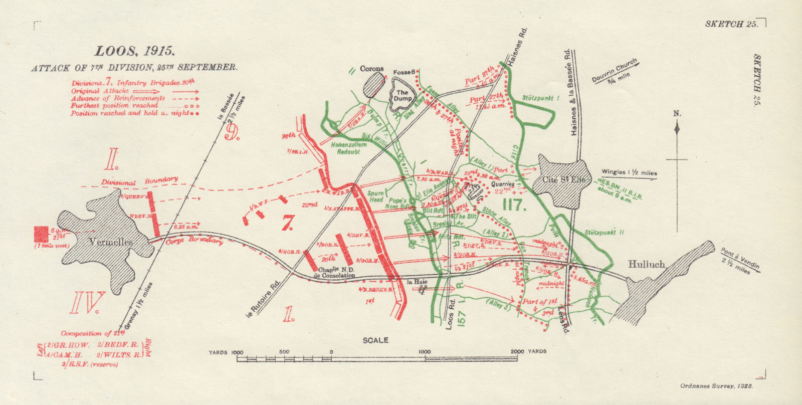 Battle of Loos, 7th Division attack, 25th September 1915. WW1. Trenches 1928 map