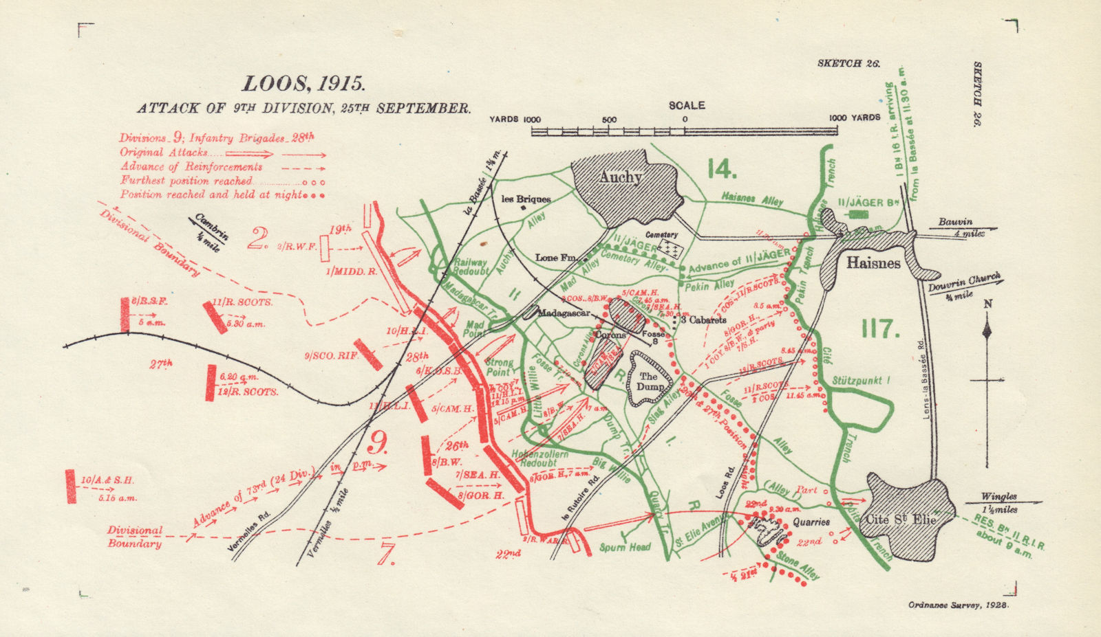 Battle of Loos, 9th Division attack, 25th September 1915. WW1. Trenches 1928 map
