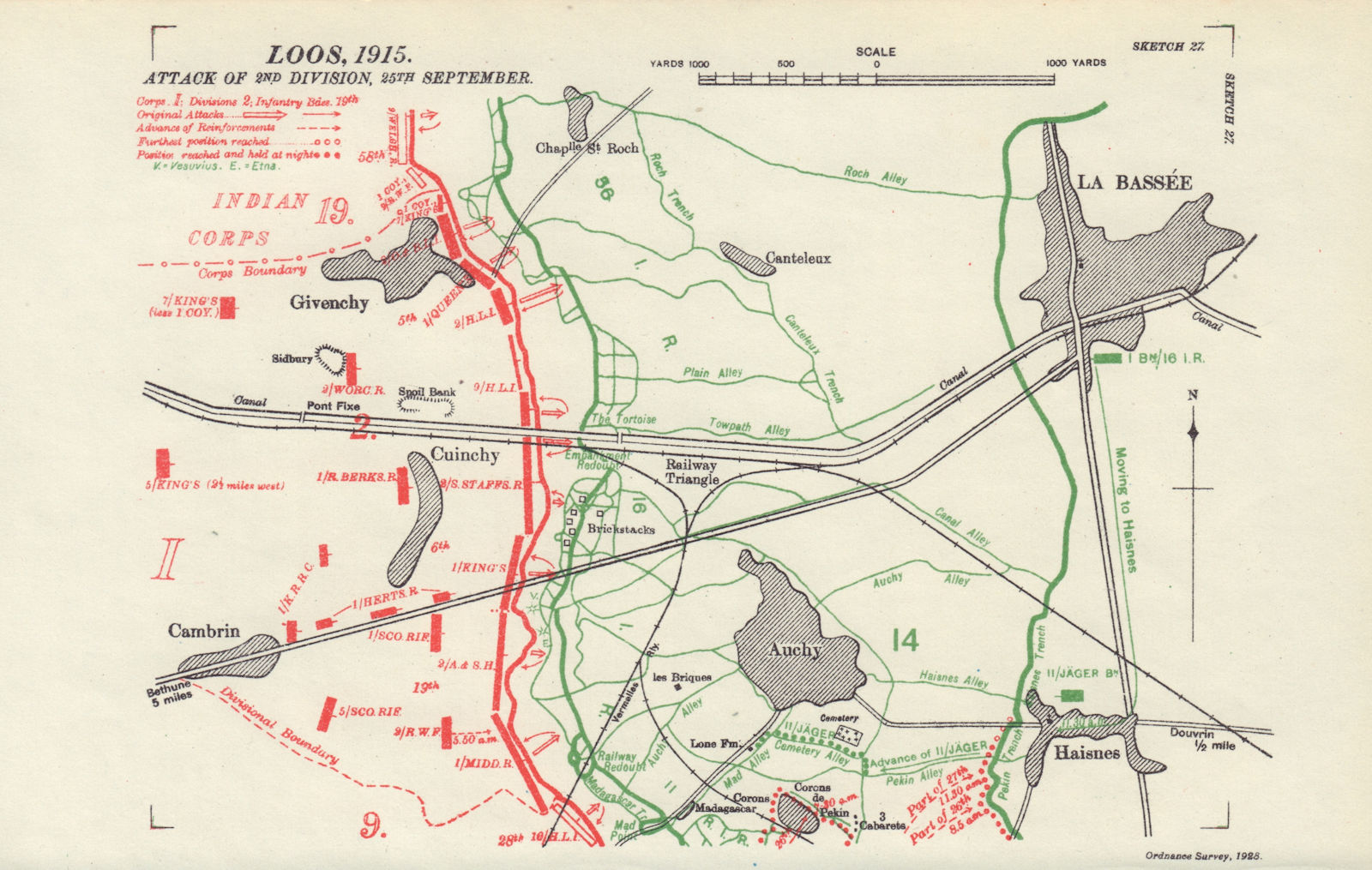 Battle of Loos, 2nd Division attack, 25th September 1915. WW1. Trenches 1928 map