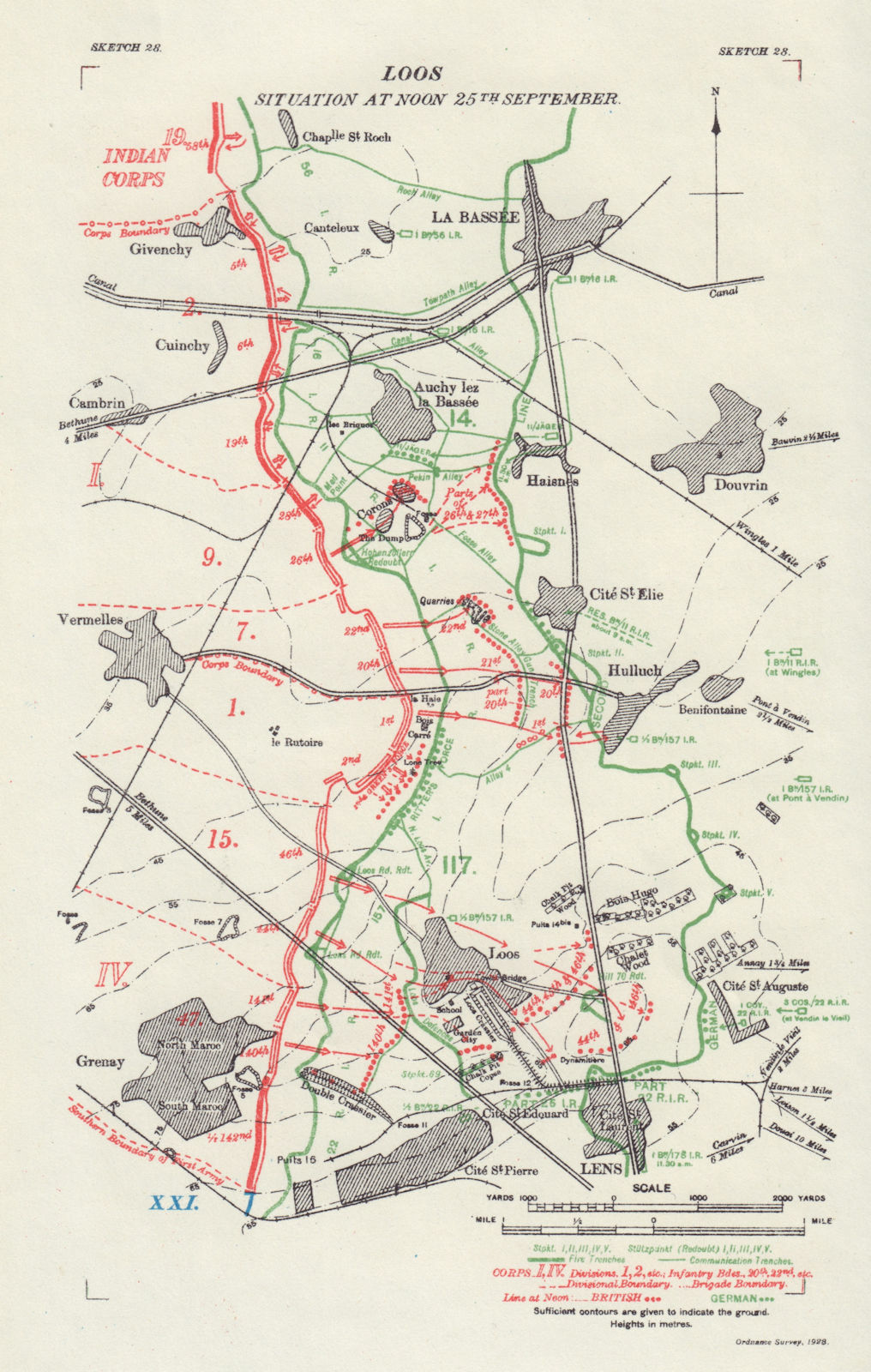 Battle of Loos, Situation at Noon 25 September 1915. WW1. Trenches 1928 map
