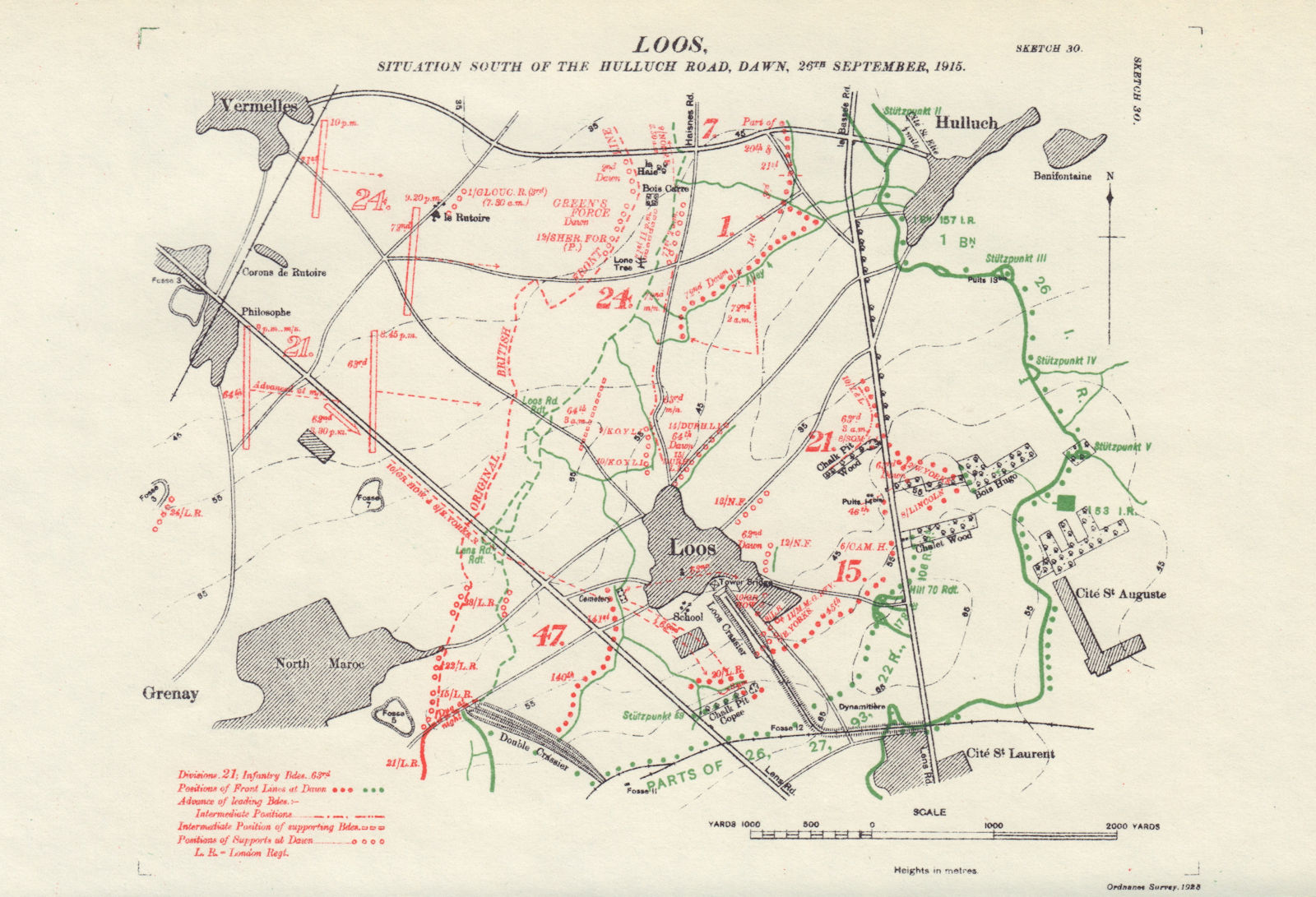 Battle of Loos. South of Hulluch Road, Dawn, 26th Sept. 1915. Trenches 1928 map