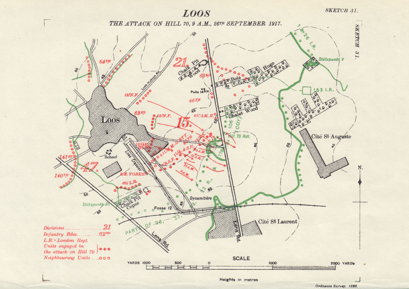 Battle of Loos, Attack on Hill 70, 9am, 26th September 1915. WW1. 1928 old map