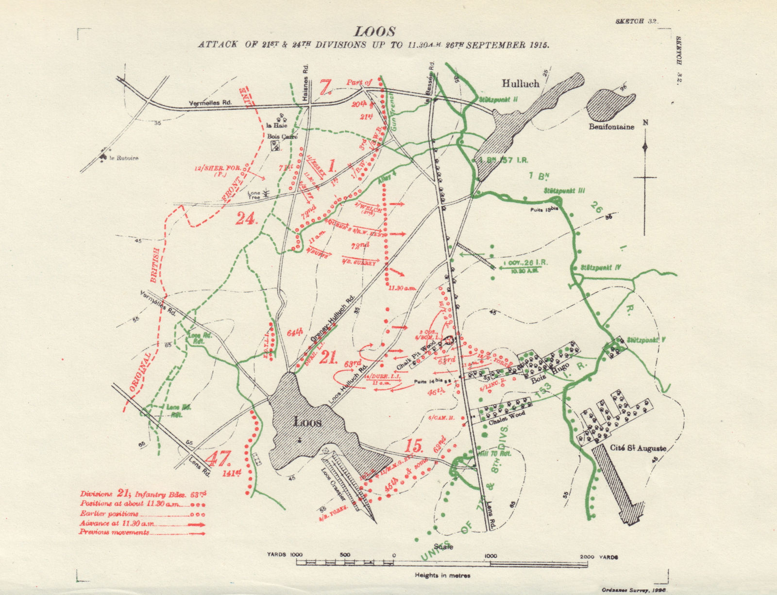 Battle of Loos 21/24 Divisions attack to 11:30am 26 Sept 1915. Trenches 1928 map