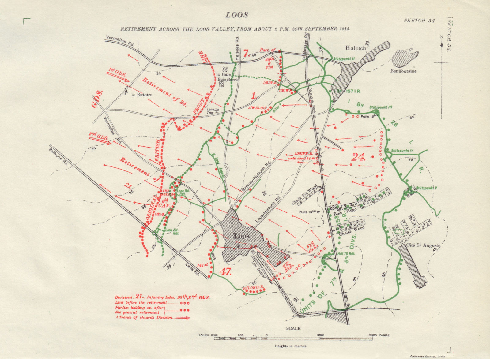 Battle of Loos, retirement from 2pm 26th September. 1915. WW1. Trenches 1928 map