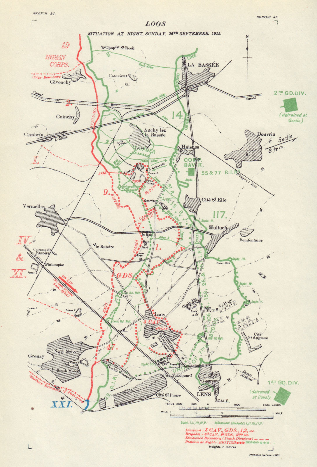 Battle of Loos, Situation at Night. 26th September 1915. WW1. Trenches 1928 map