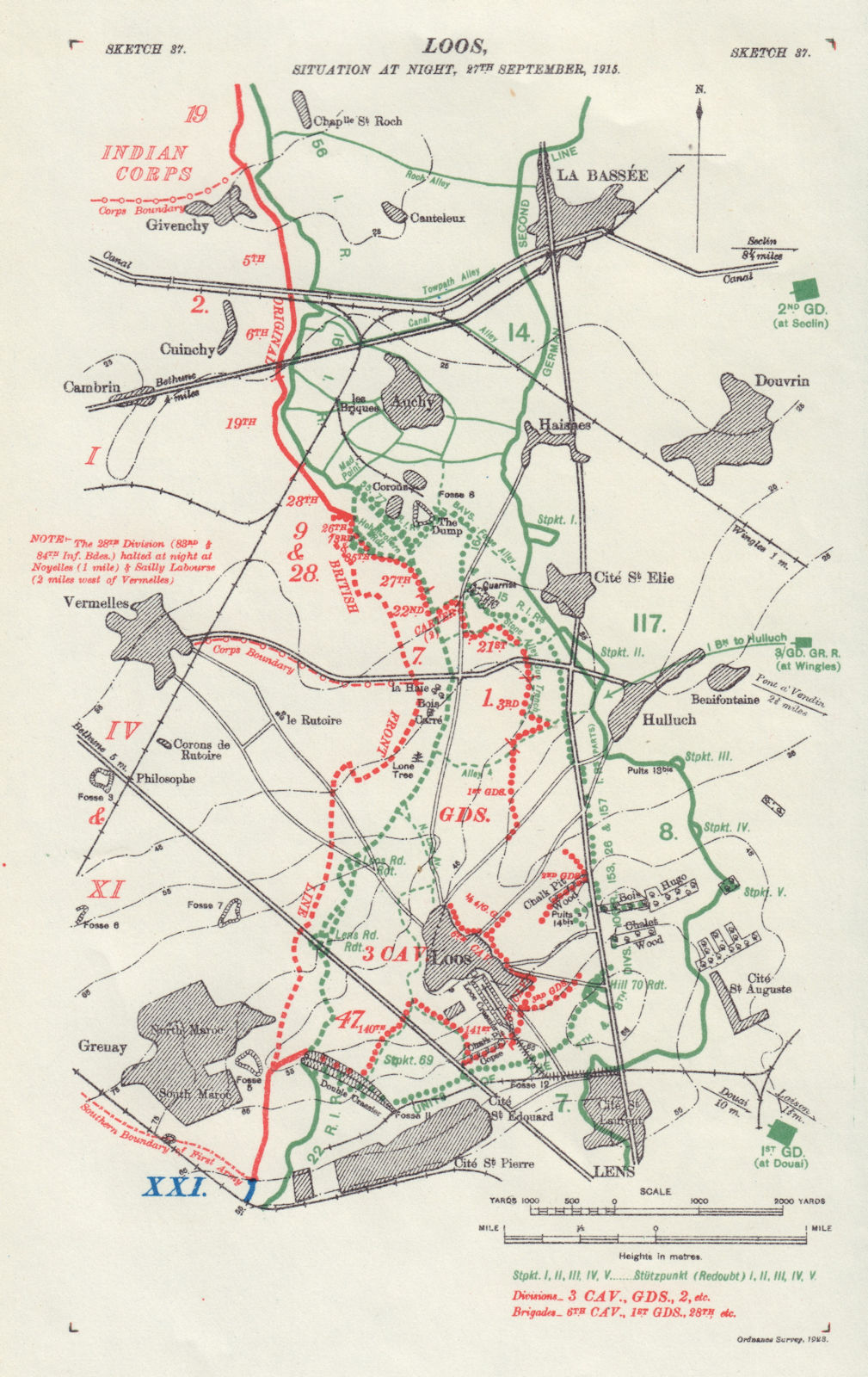 Battle of Loos, Situation at Night, 27th September 1915. WW1. Trenches 1928 map