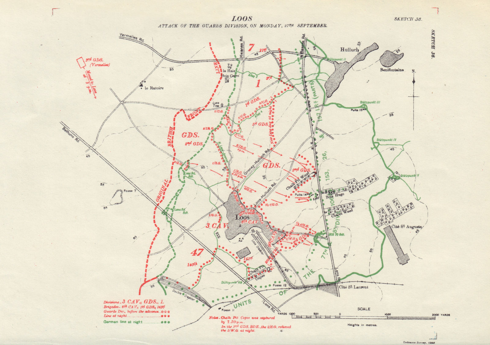 Battle of Loos, Guards division attack, 27th Sept 1915. WW1. Trenches 1928 map