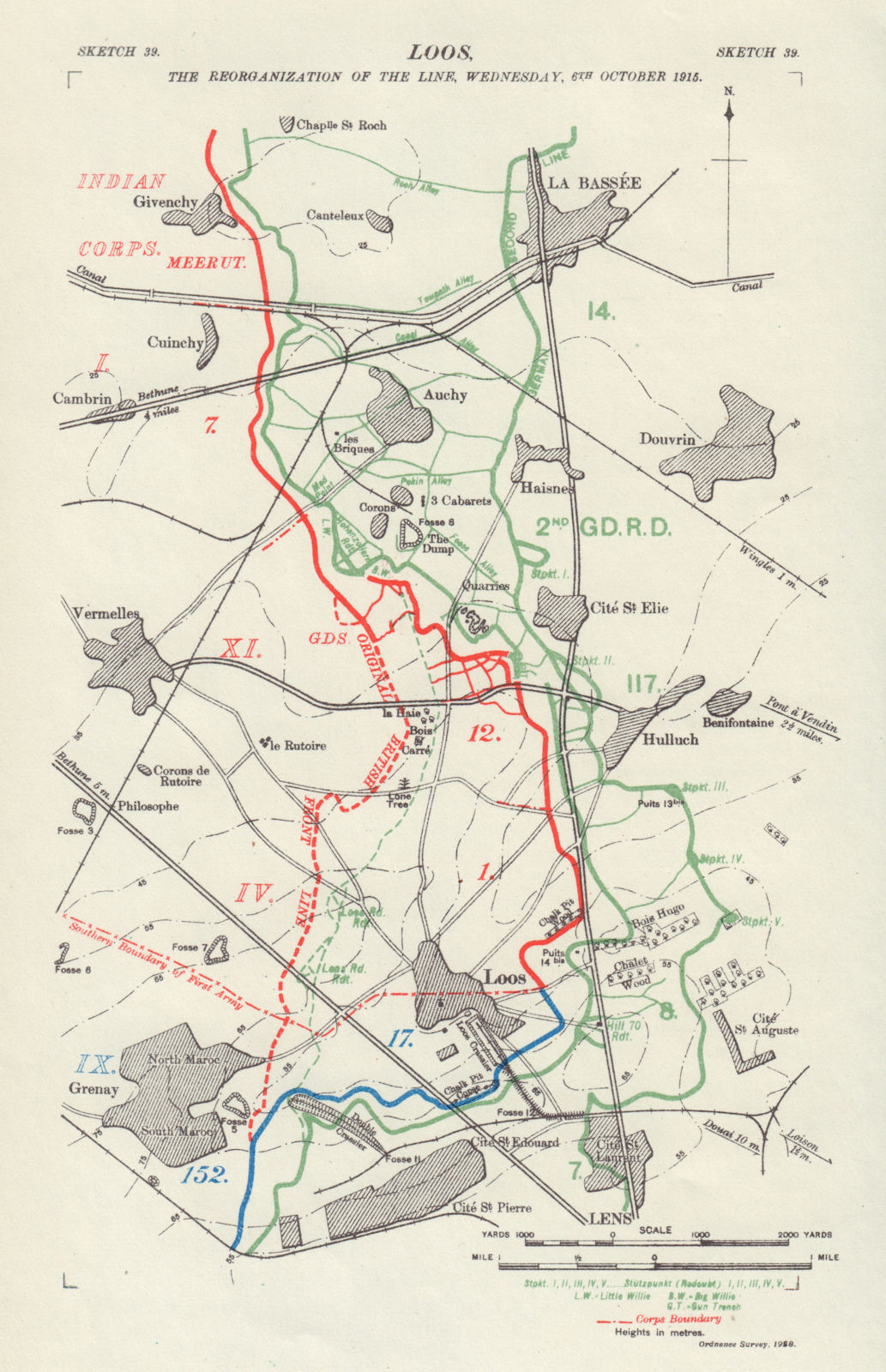 Battle of Loos, Line reorganization, 6th October 1915. Trenches 1928 old map