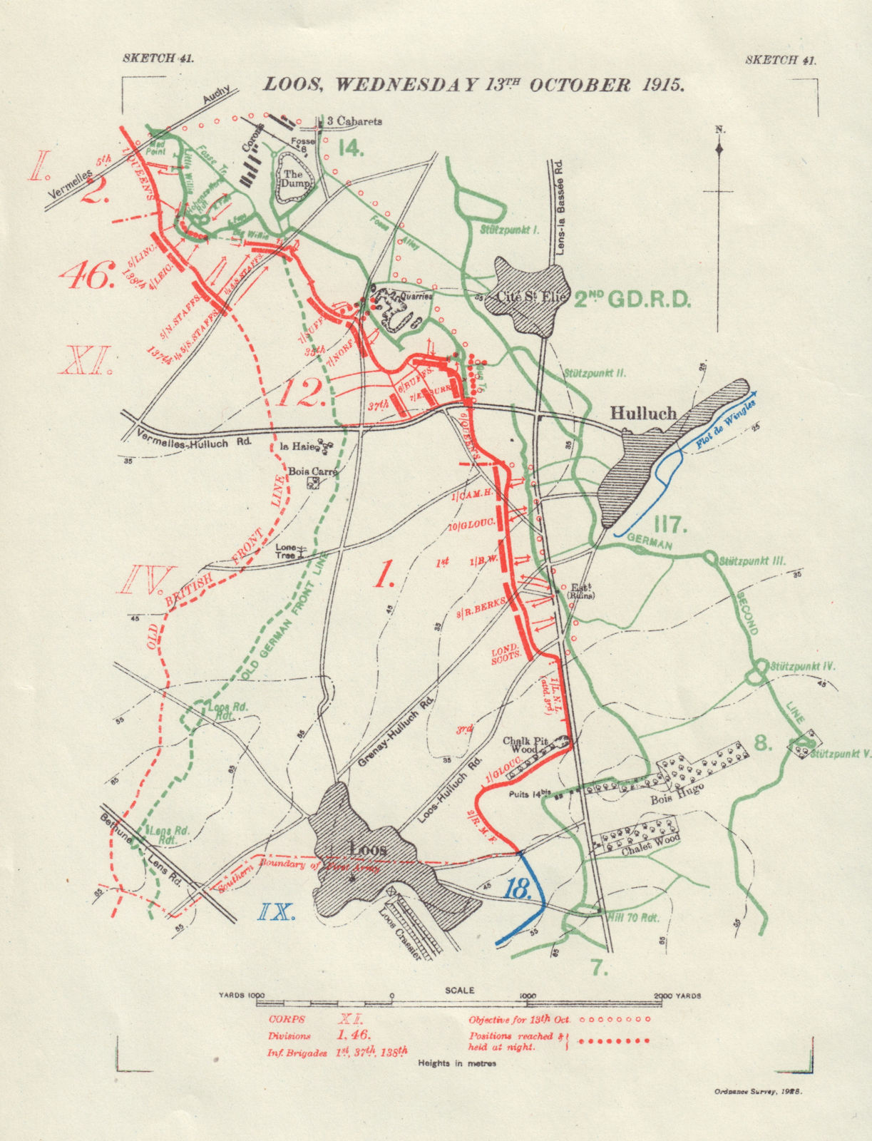 Battle of Loos, Wednesday 13th October 1915. WW1. Trenches 1928 old map