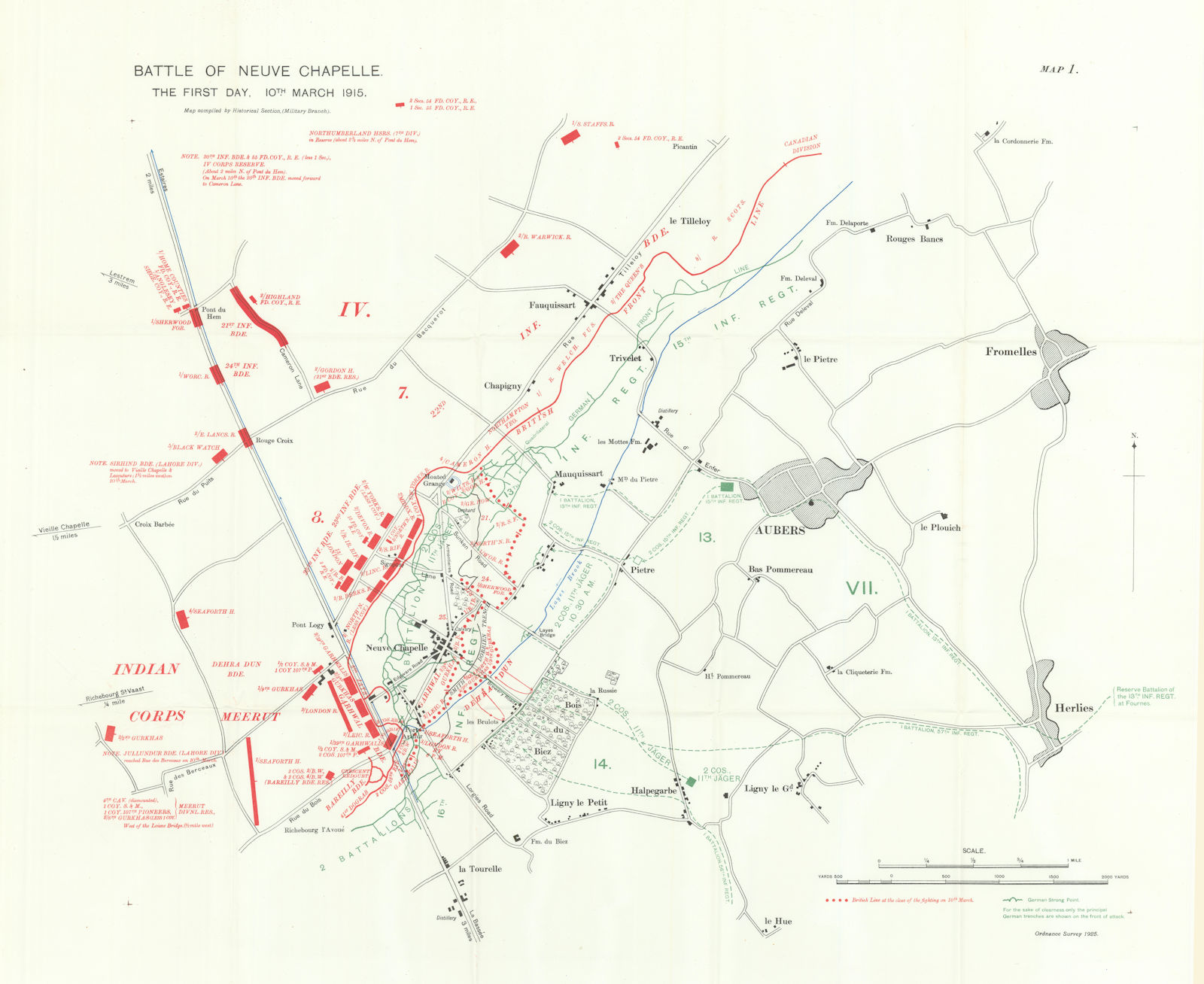 Battle of Neuve Chapelle. First Day. 10th March 1915. WW1. Trenches 1928 map