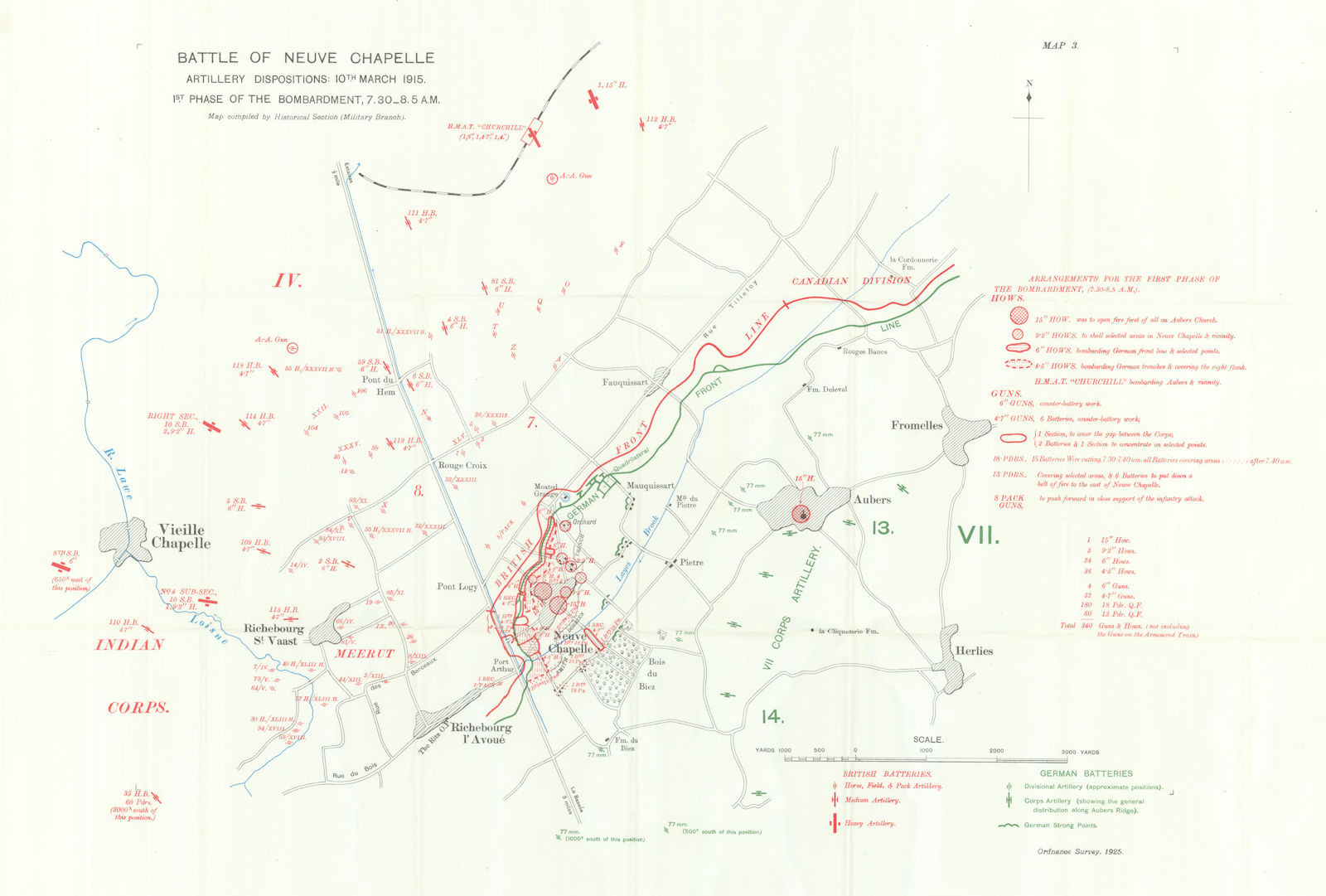 Battle of Neuve Chapelle. Artillery Dispositions: 10th March 1915. WW1. 1928 map