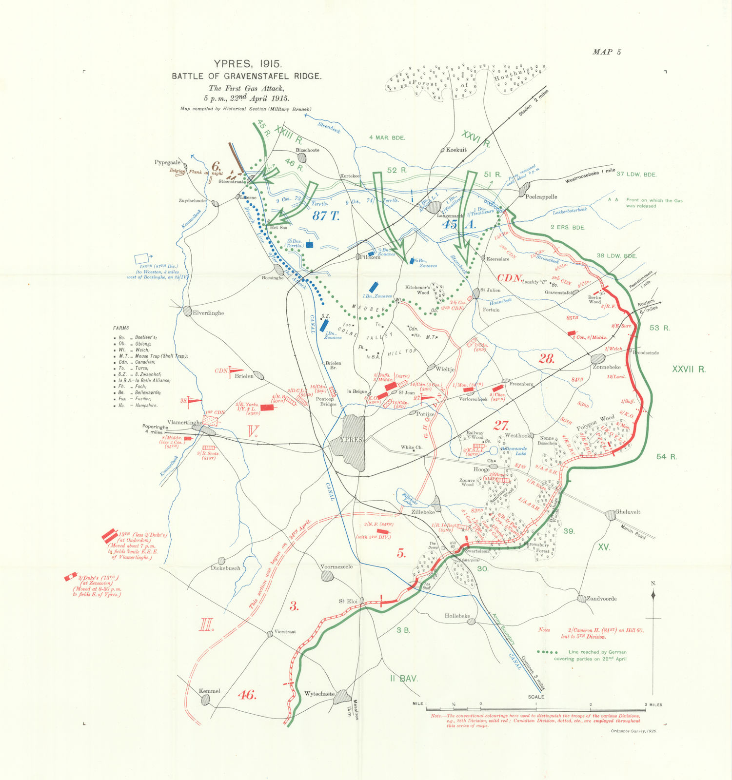 Battle of Gravenstafel Ridge. Gas Attack 5pm 22nd April 1915. WW1. 1928 map
