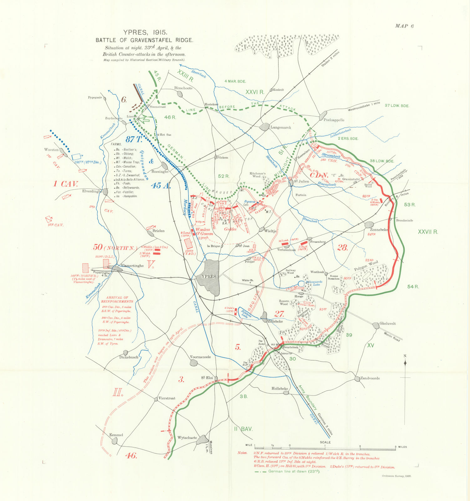 Battle of Gravenstafel Ridge. Night 23rd April 1915. Ypres. WW1. 1928 old map