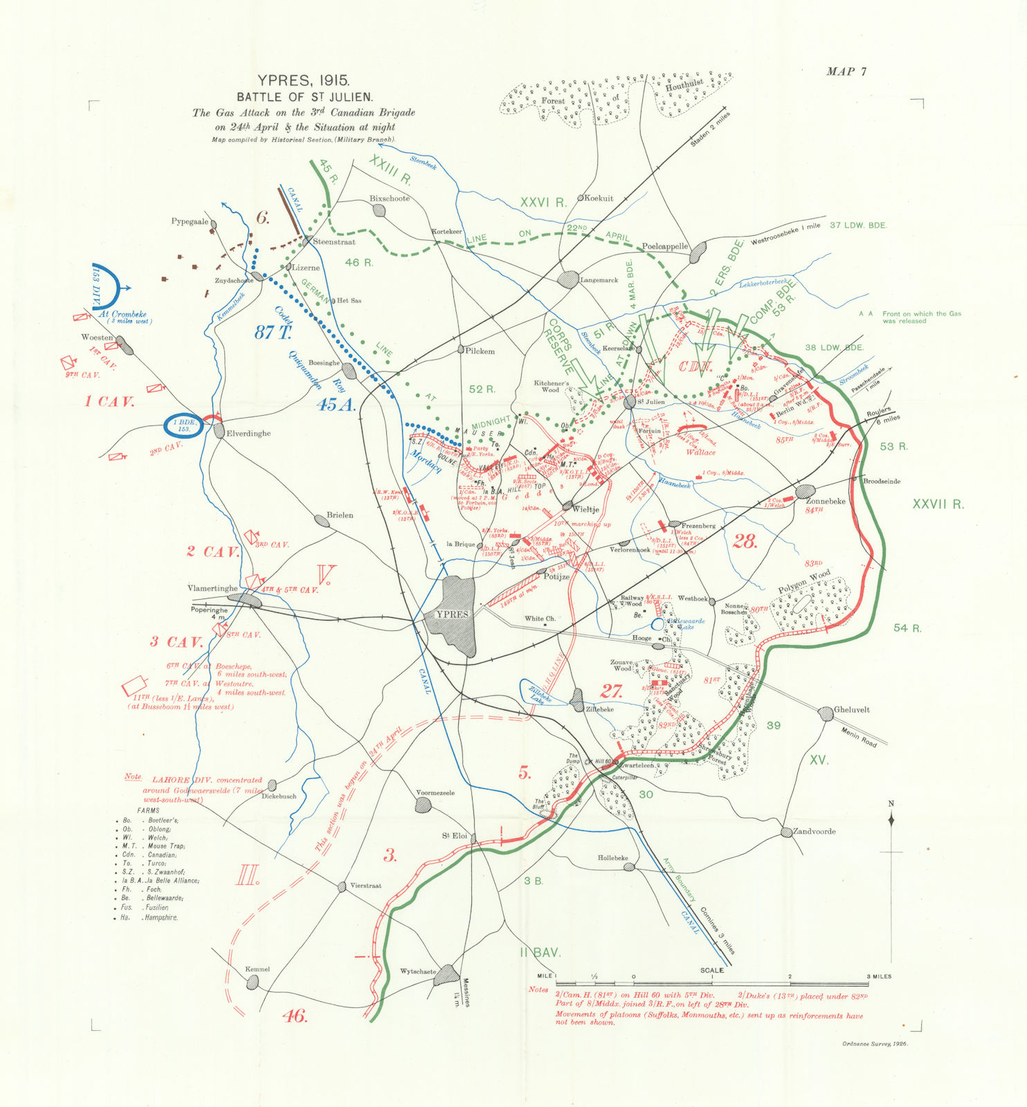 Battle of St Julien. 3rd Canadian Brigade, 24th April 1915. Ypres 1928 old map
