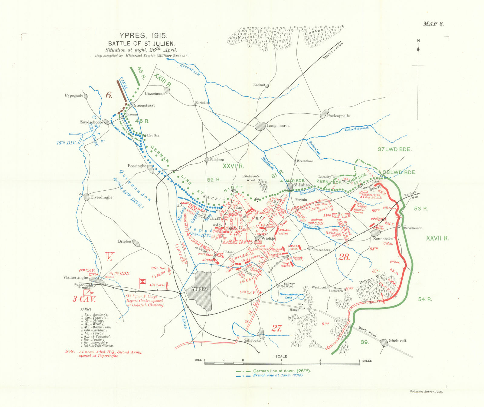 Battle of St Julien. Night, 26th April 1915. Ypres. First World War. 1928 map
