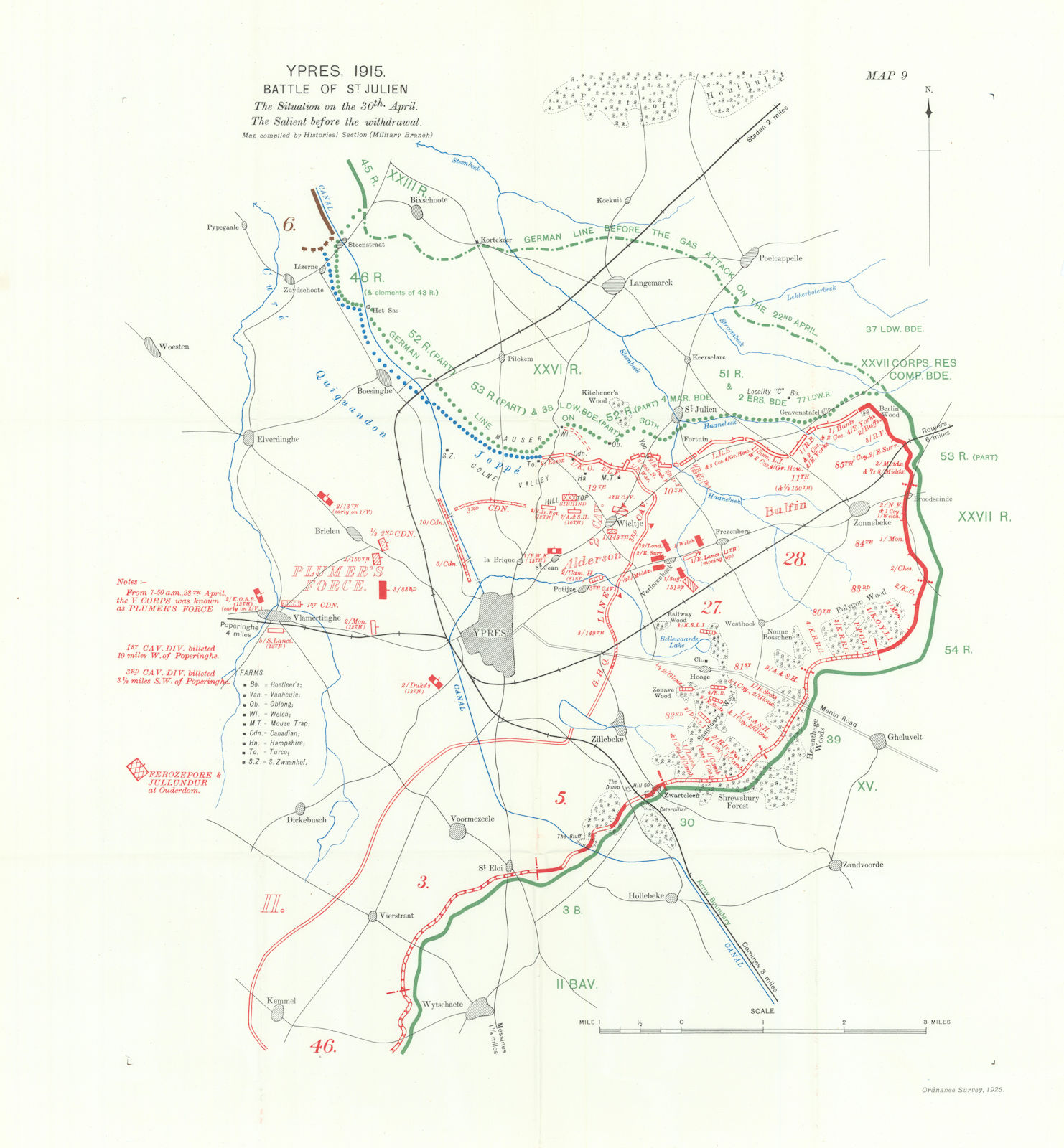 Battle of St Julien 30th April 1915. Ypres Salient pre-withdrawal. WW1. 1928 map