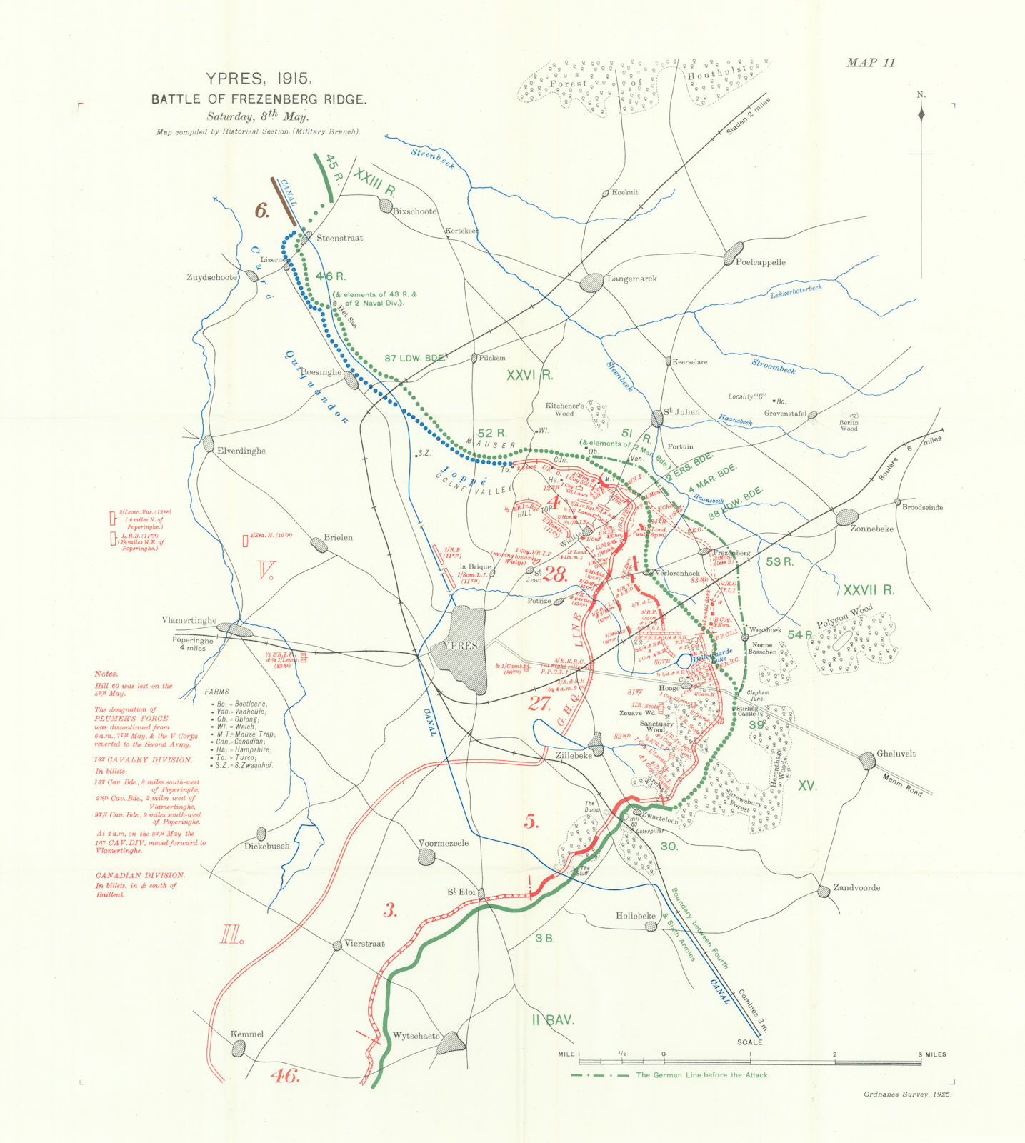 Ypres. Battle of Frezenberg Ridge, 8th May 1915. First World War. 1928 old map