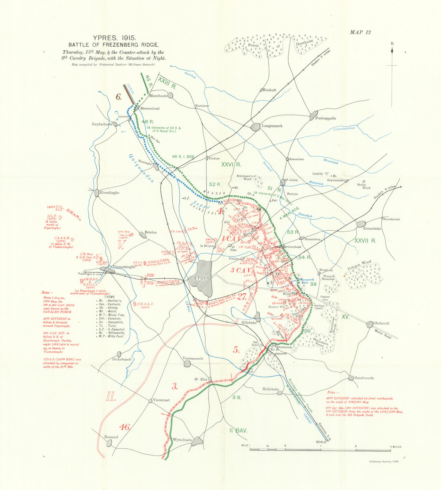 Battle of Frezenberg Ridge, 13th May 1915 night. Ypres First World War. 1928 map