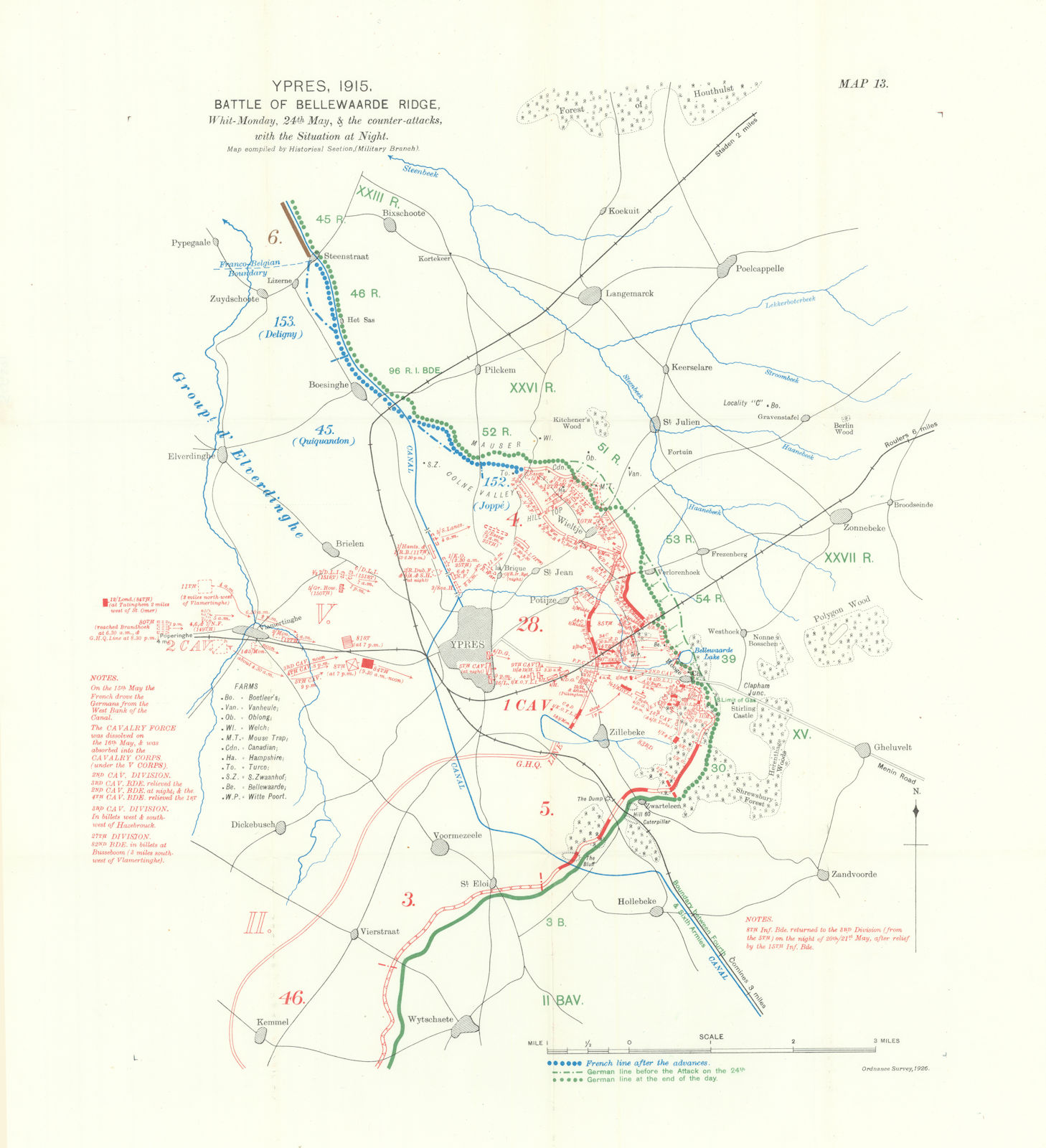 Battle of Bellewaarde Ridge, 24th May 1915 night. Ypres. WW1. 1928 old map