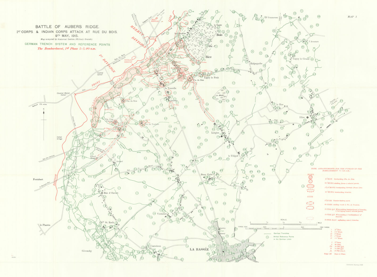 Associate Product Battle of Aubers Ridge 9th May 1915 1st & Indian Corps. German Trenches 1927 map