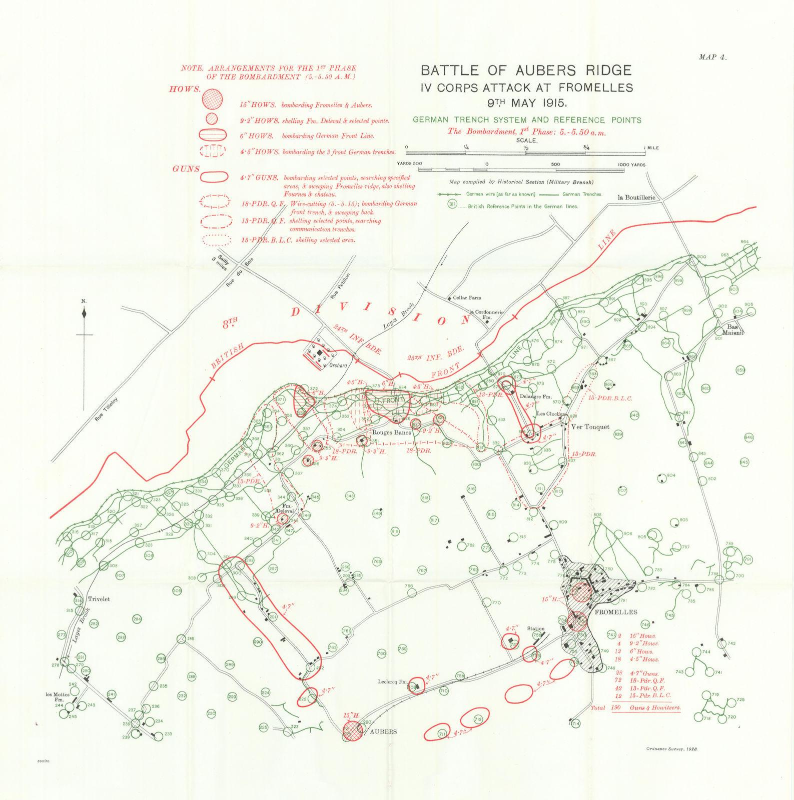 Battle of Aubers Ridge 9th May 1915. Fromelles attack. German Trenches 1927 map