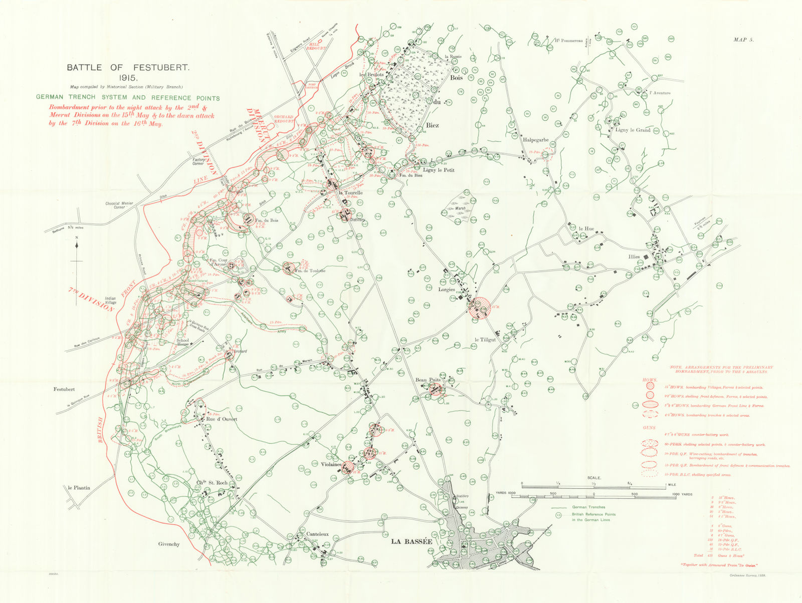 Battle of Festubert 1915. German Trench System. Artillery Bombardments 1927 map