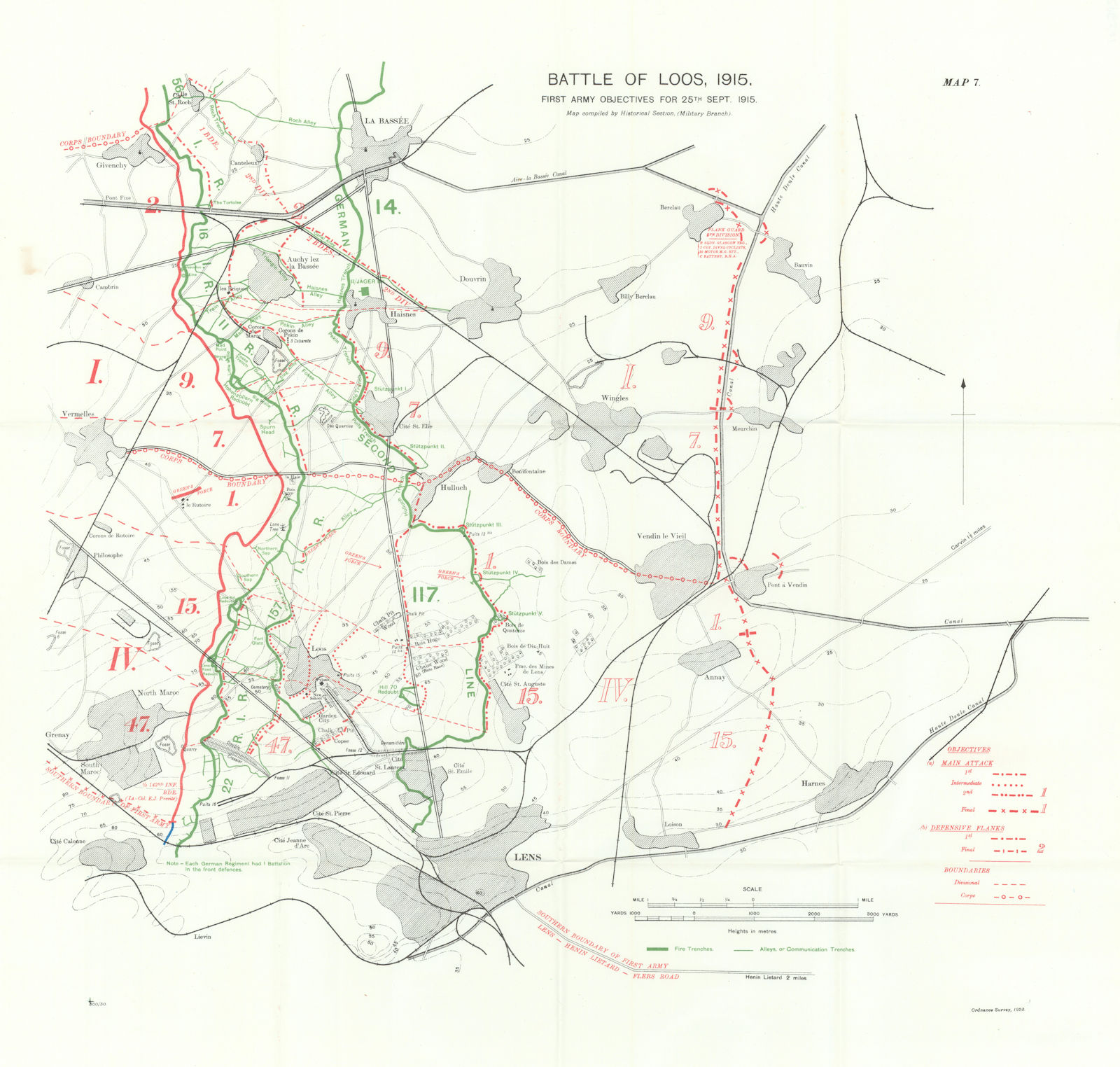 Battle of Loos, 1915. 1st Army Objectives for 25th Sept. WW1. Trenches 1927 map