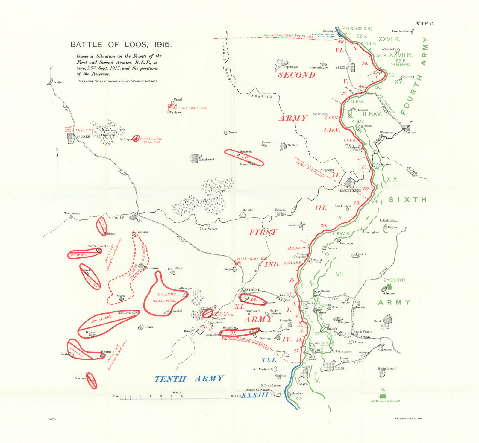 Battle of Loos, Situation at zero, 25th Sept 1915. B.E.F. Reserves WW1. 1927 map