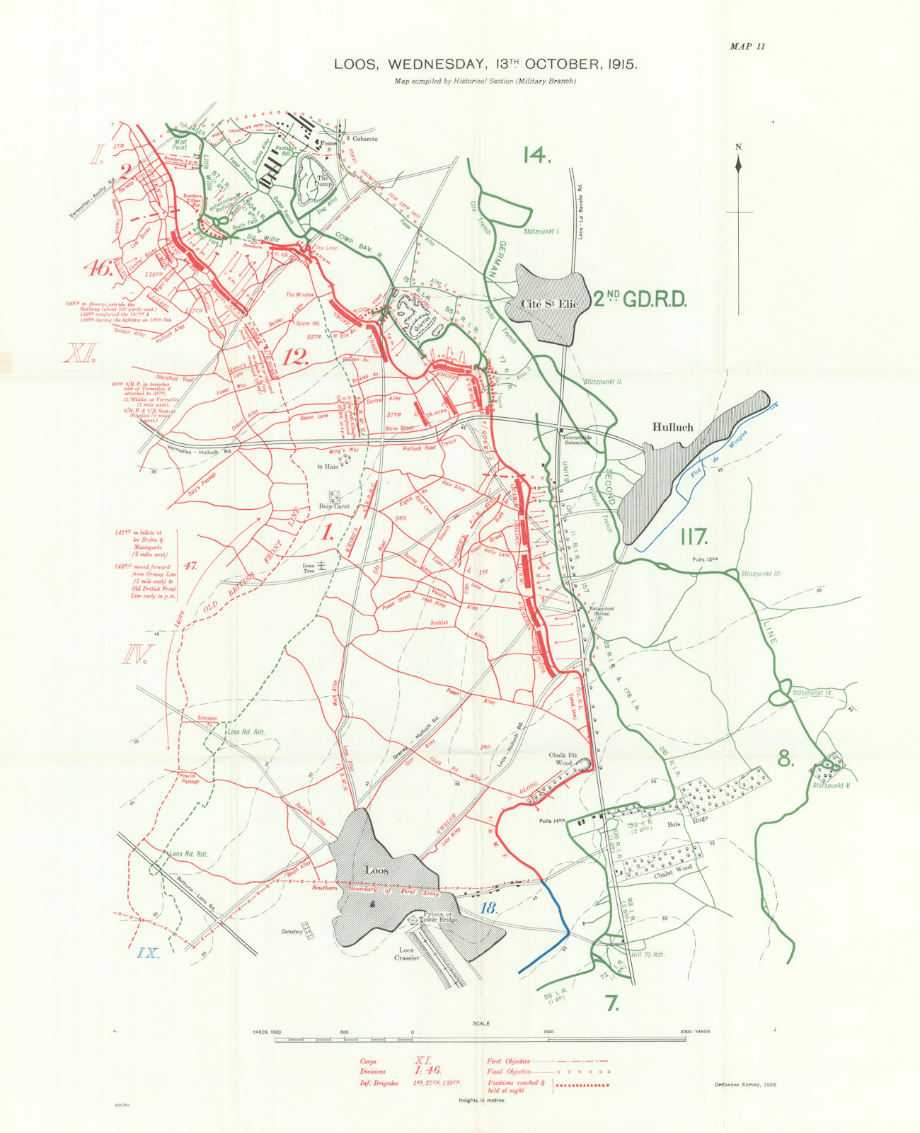 Associate Product Battle of Loos, Wednesday, 13th October, 1915. WW1. Trenches 1927 old map