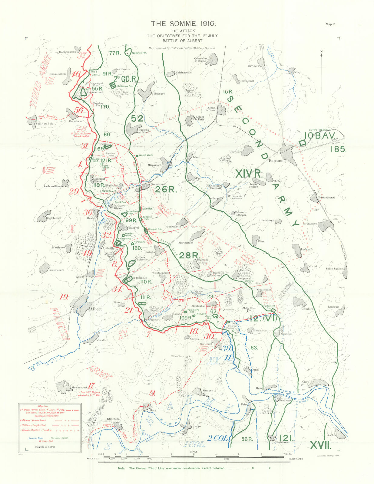 Somme, 1st July 1916. Attack & Objectives, Battle of Albert. Trenches 1932 map