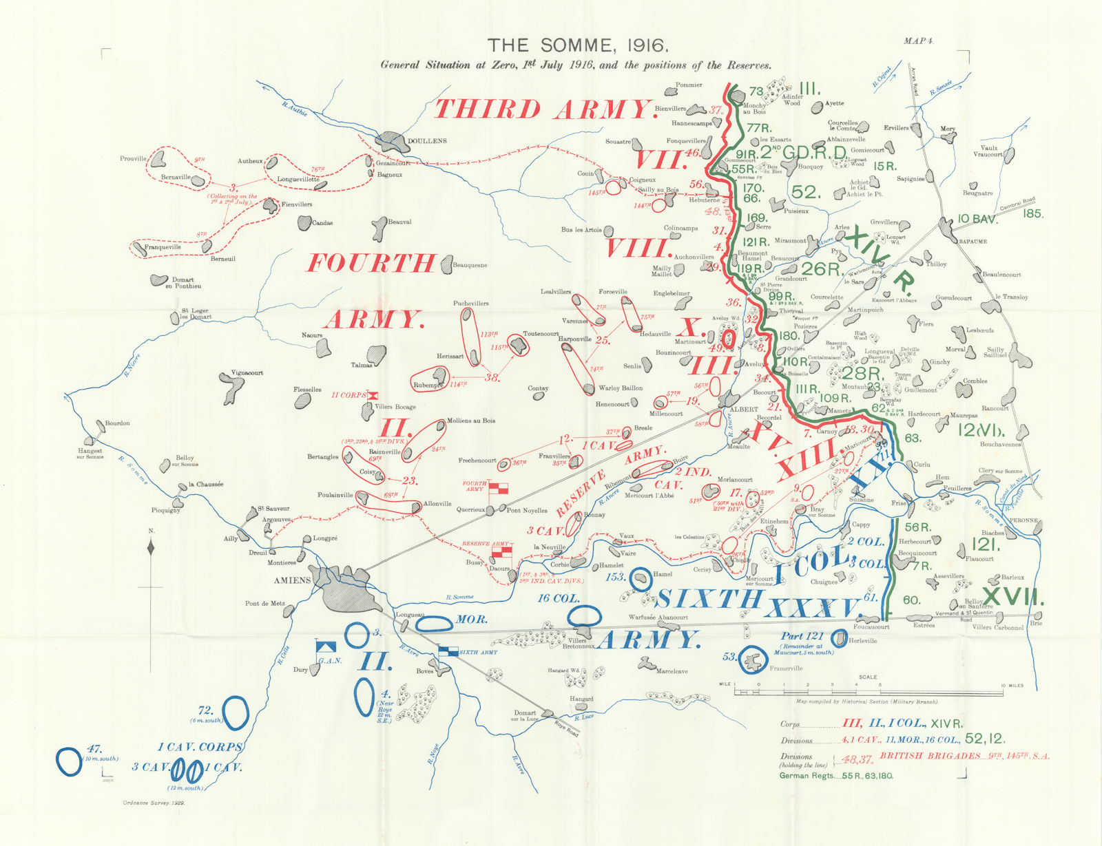Somme, 1916. Situation at Zero, 1st July 1916 & Reserve positions 1932 old map