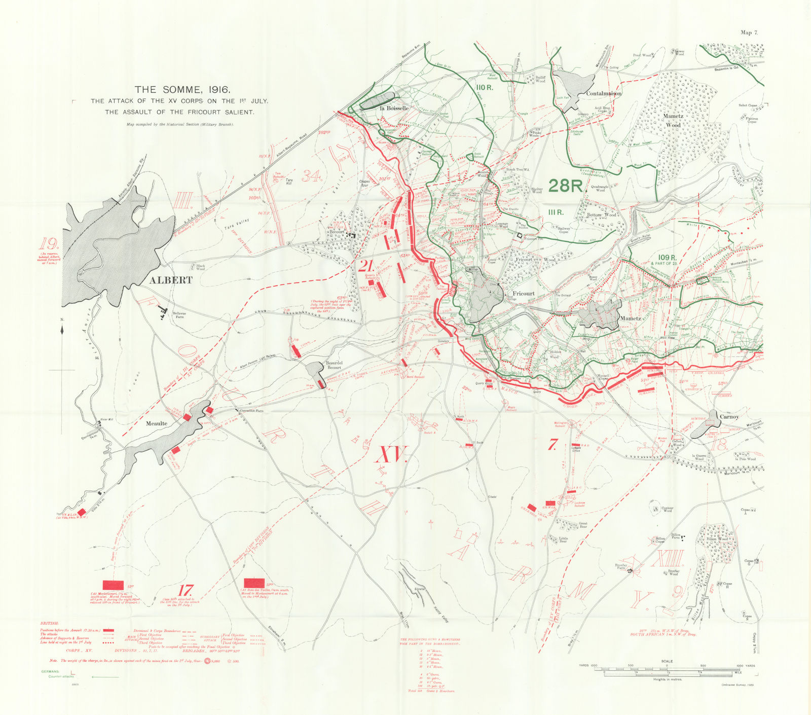 Associate Product Somme. XV Corps attack 1st July 1916. Fricourt Salient assault trenches 1932 map