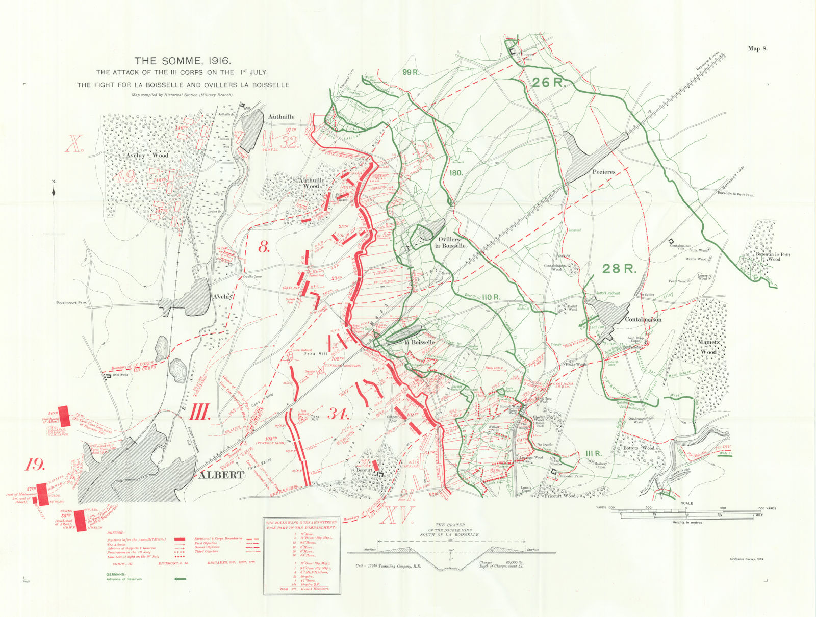 Somme. II Corps attack 1st July 1916. La Boiselle & Ovillers. Trenches 1932 map