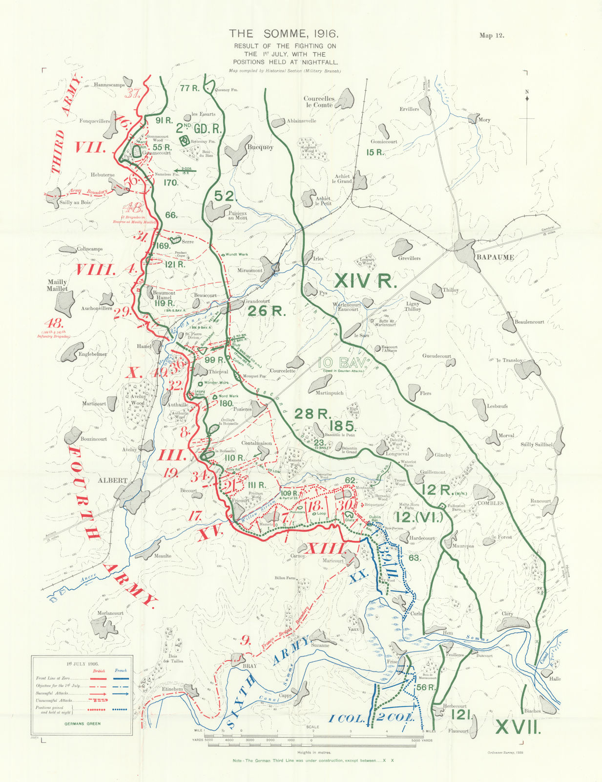 Somme, 1st July 1916. Positions at nightfall. WW1. Trenches 1932 old map