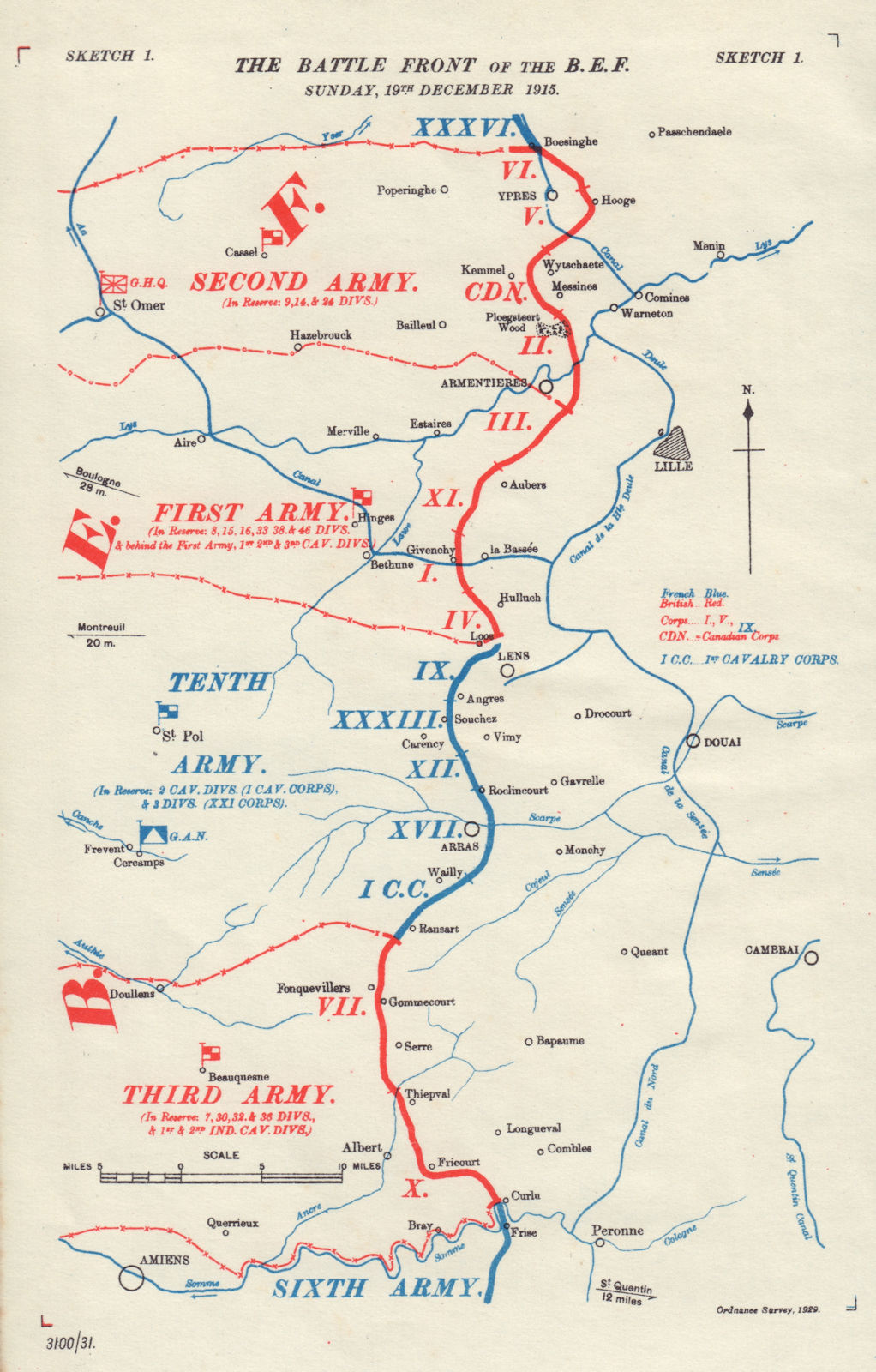Associate Product B.E.F. Battlefront, 19th December 1915. Battle of the Somme. WW1. 1932 old map