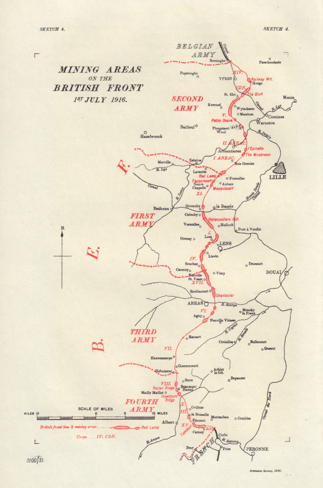 Associate Product Mining Areas on British Front, 1st July 1916. First World War. 1932 old map
