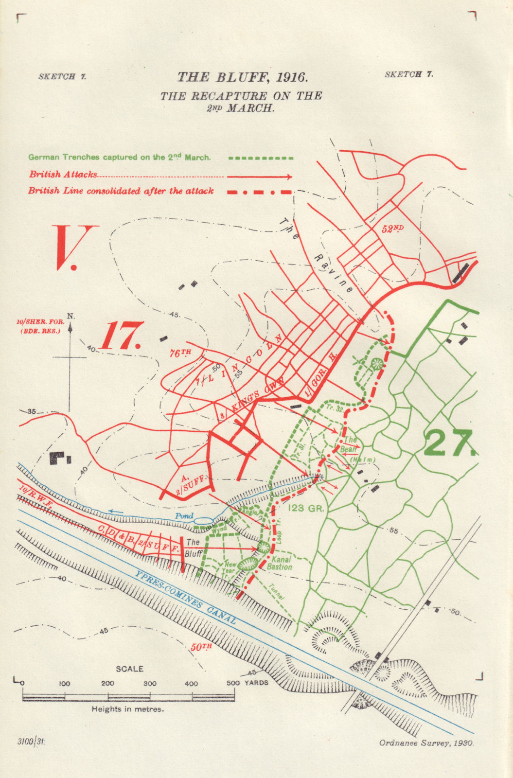 Recapture of the Bluff, 2nd March 1916. Western Front. WW1. Trenches 1932 map