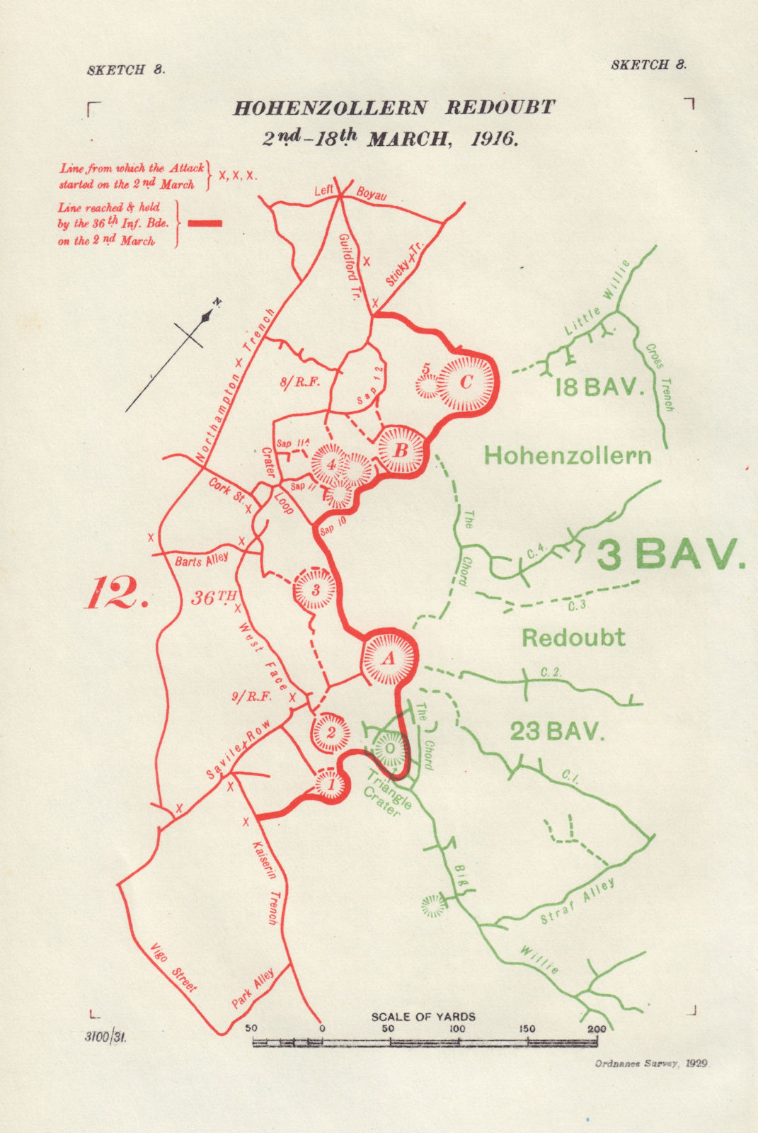 Hohenzollern Redoubt 2nd-18th March, 1916. First World War. Trenches 1932 map