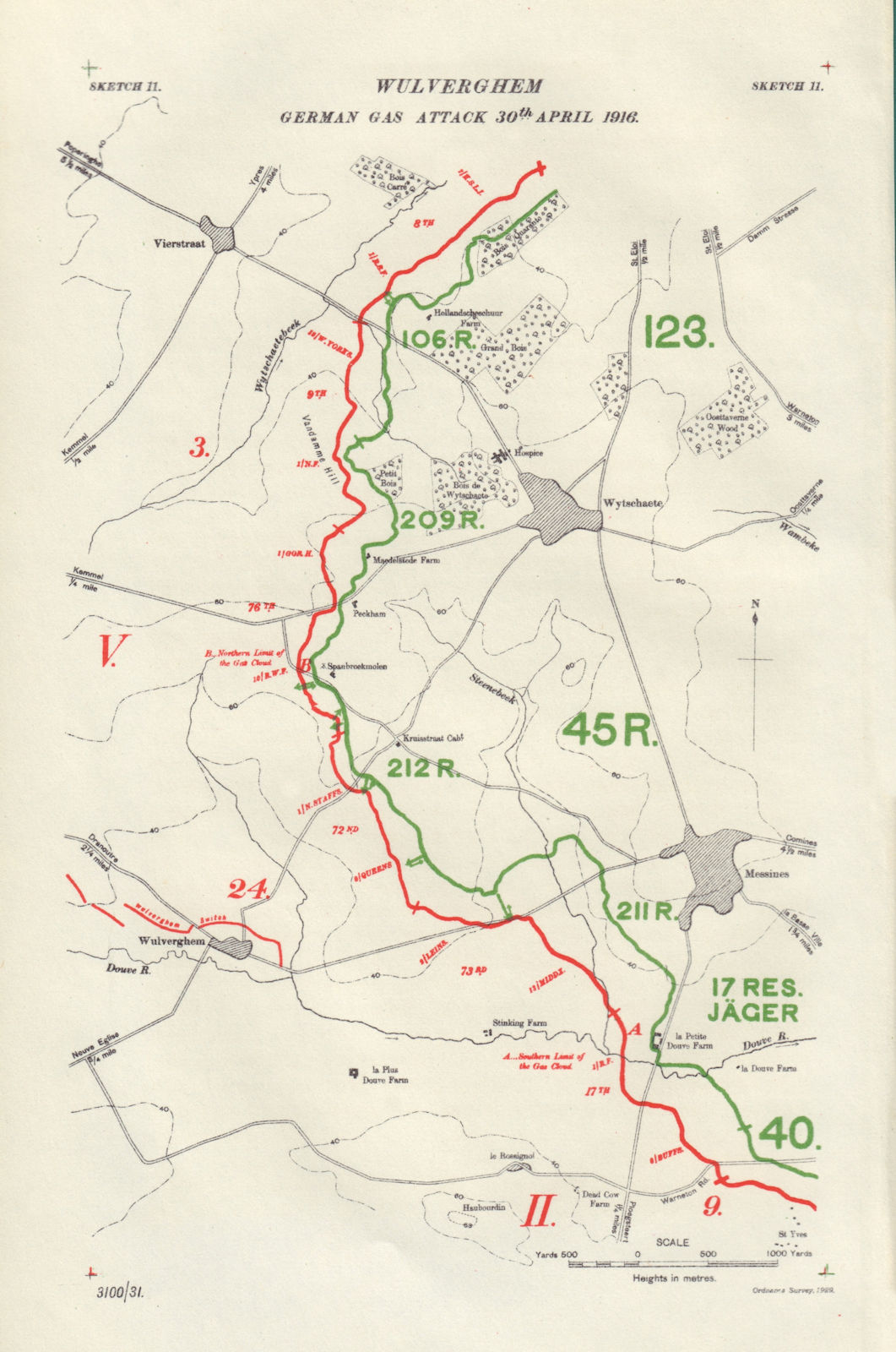 Wulverghem German Gas Attack 30th April 1916. First World War. 1932 old map