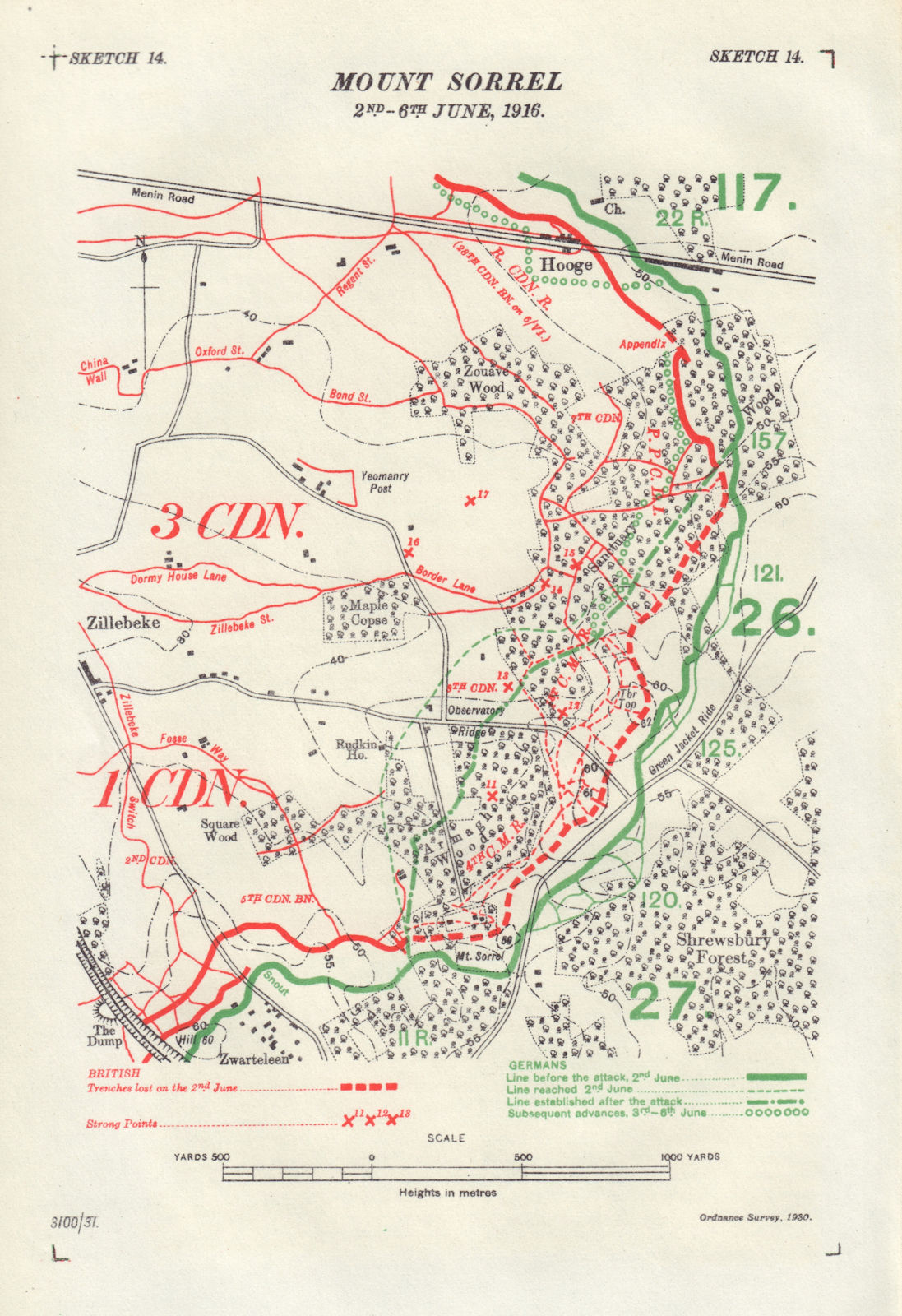 Battle of Mount Sorrel, 2nd-6th June 1916. First World War. Trenches 1932 map