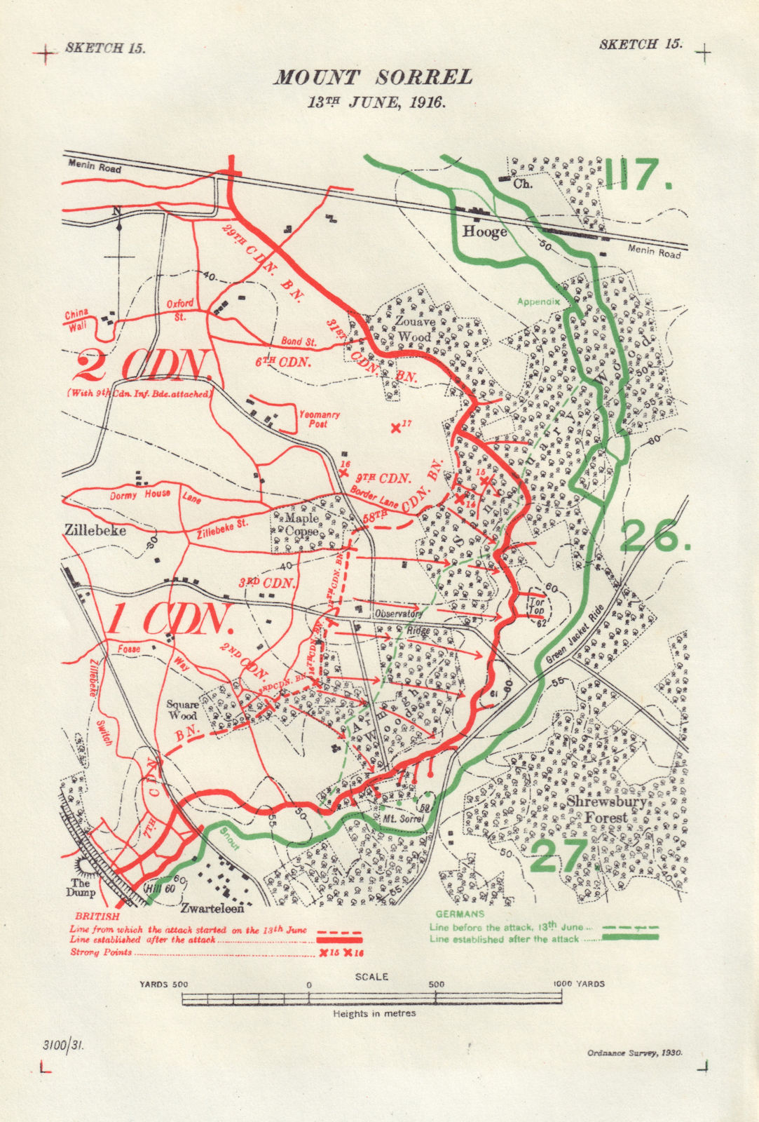 Battle of Mount Sorrel, 13th June 1916. Ypres Salient. WW1. Trenches 1932 map