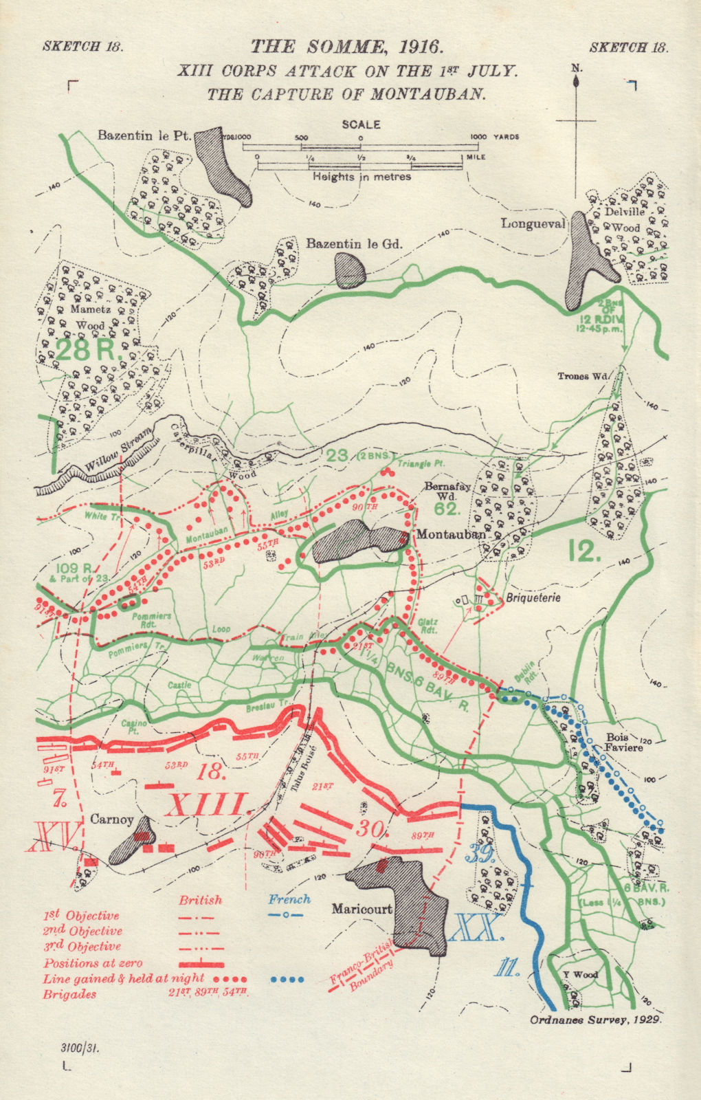 Associate Product Somme 1st July 1916. XIII Corps attack. Montauban capture. WW1 Trenches 1932 map
